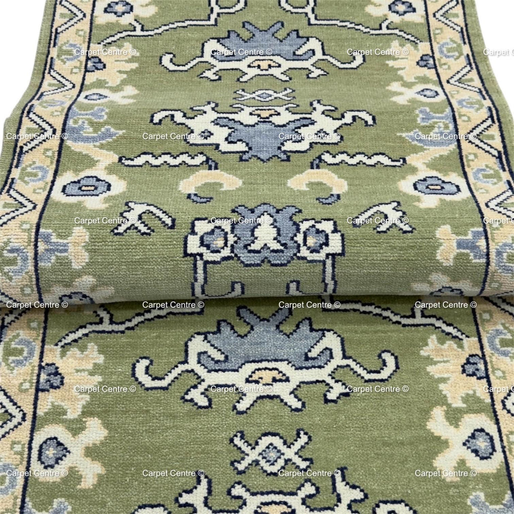 Olive Green Hand Knotted Oushak Wool Runner Rug Turkish Vintage Hallway Entryway Rug