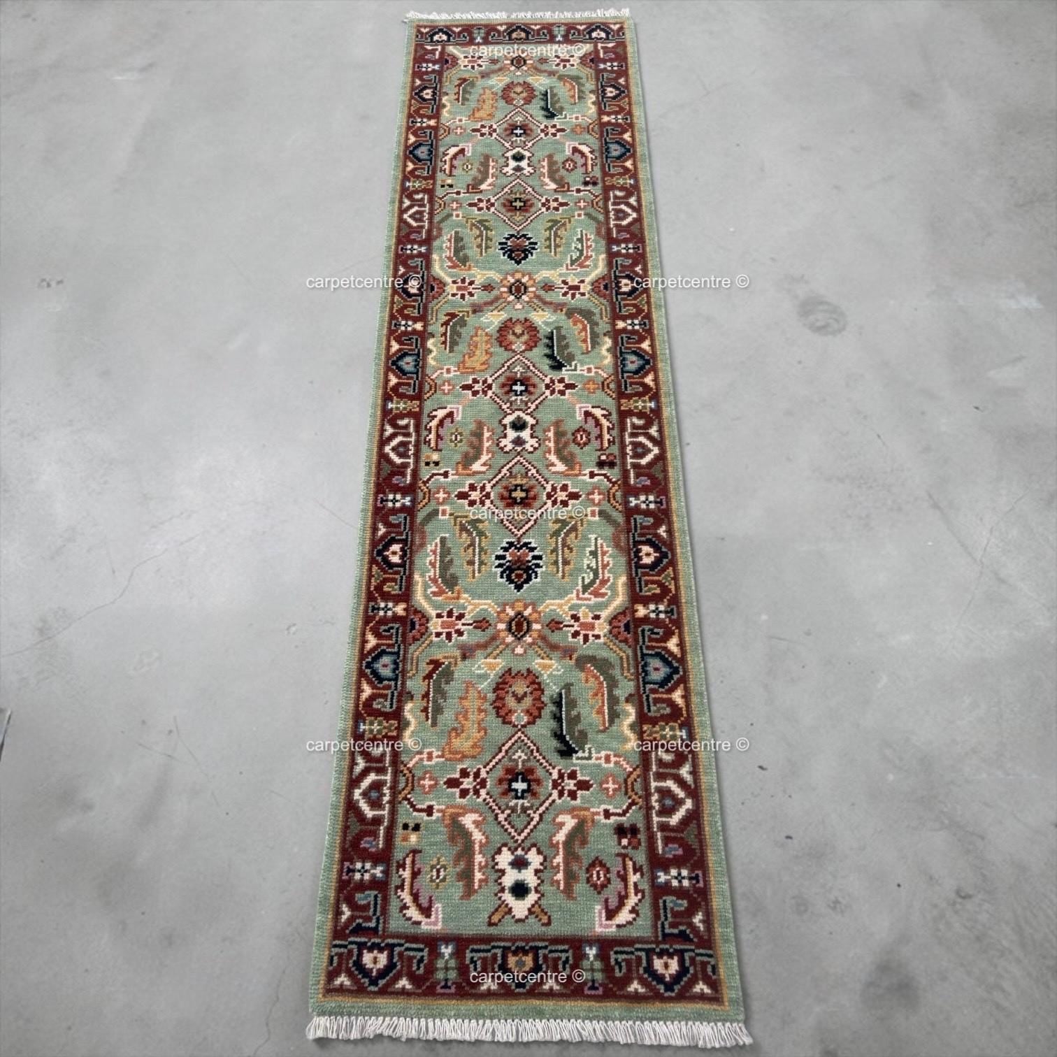 Hand Knotted Oushak Runner Rug, Sage Green New Zealand Wool, Custom Entryway Hallway Rug