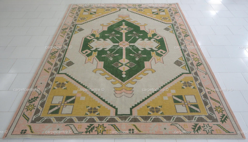 Hand Knotted Wool Oushak Rug | Green, Yellow, Pink Geometric Boho Area Rug