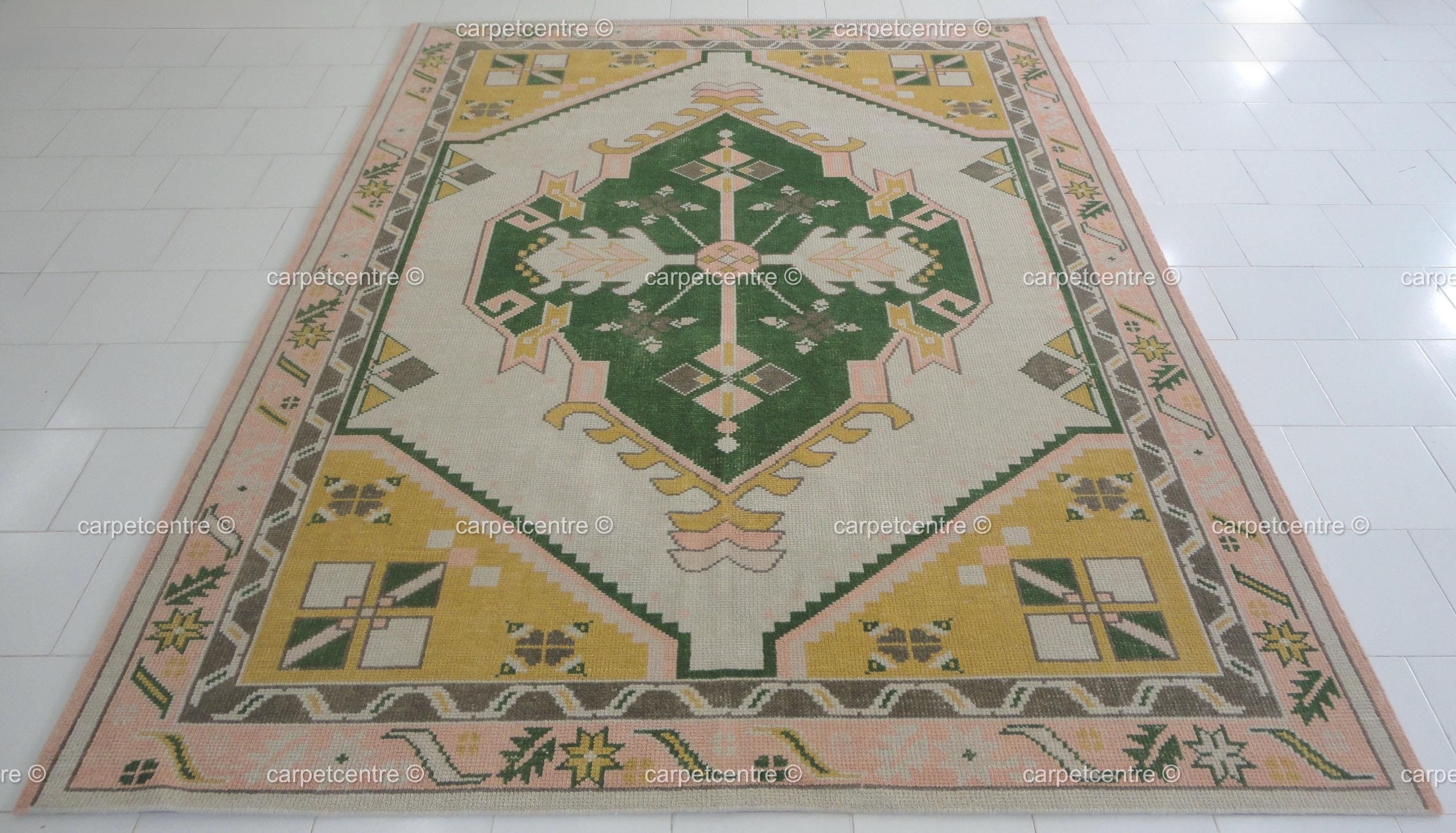 Hand Knotted Wool Oushak Rug | Green, Yellow, Pink Geometric Boho Area Rug