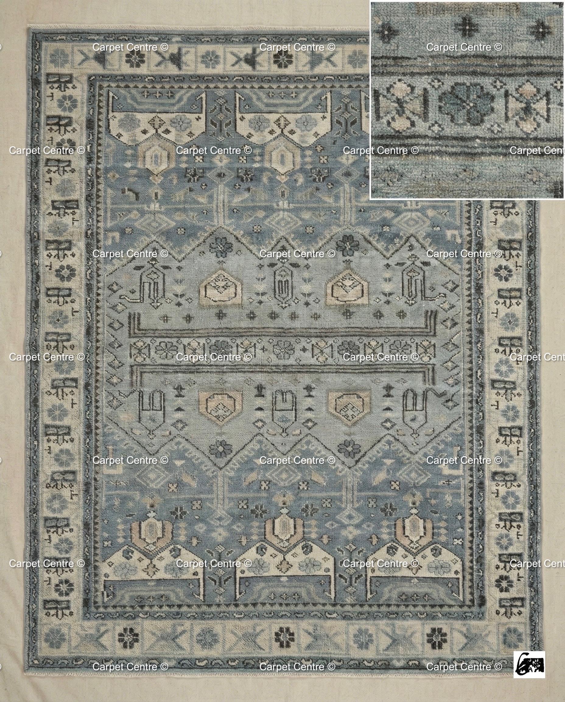 Hand-Knotted Wool Oushak Rug | Slate Blue Geometric Turkish Knot