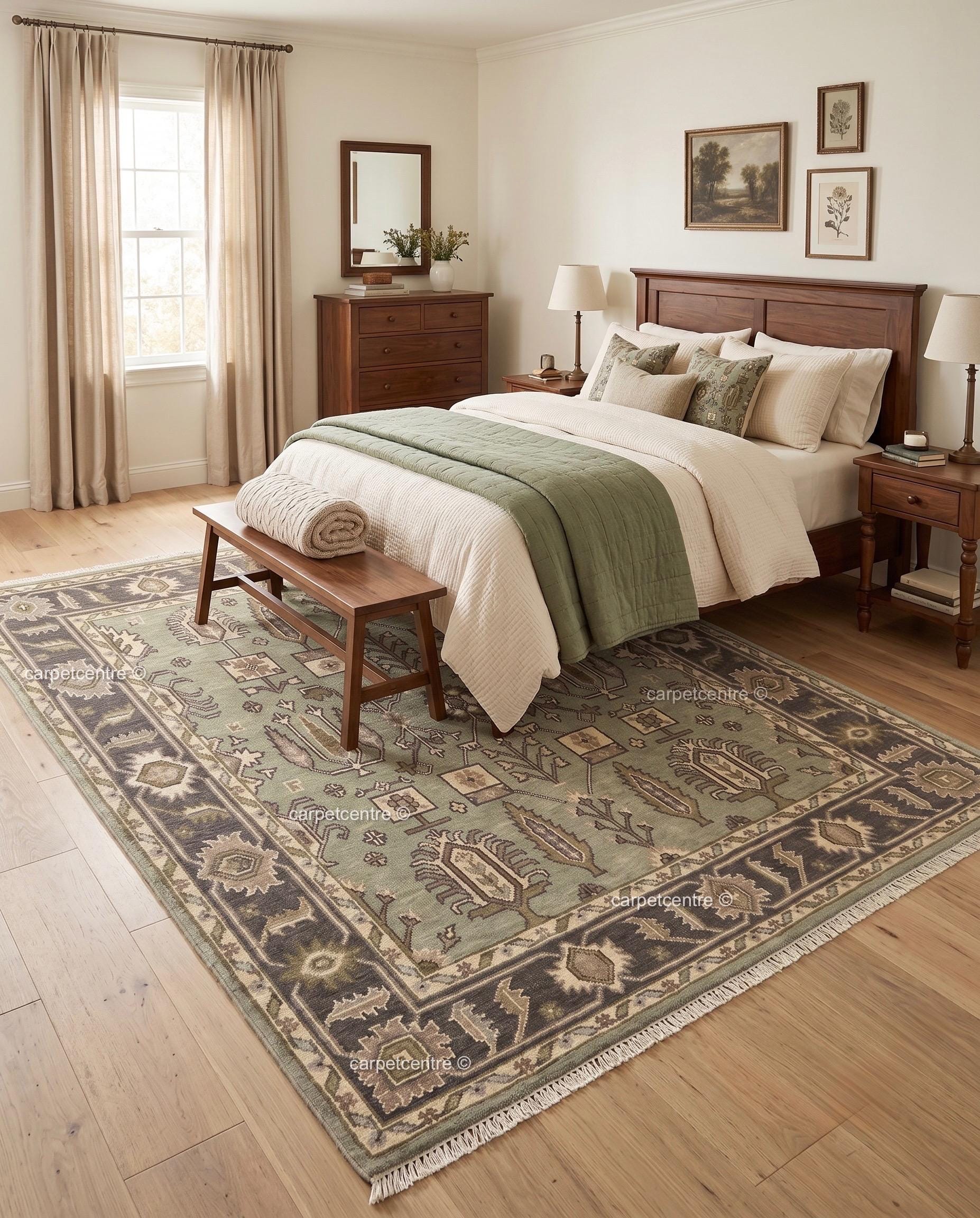 Hand Knotted Oushak Rug, Sage Green Wool Botanical Tribal Carpet