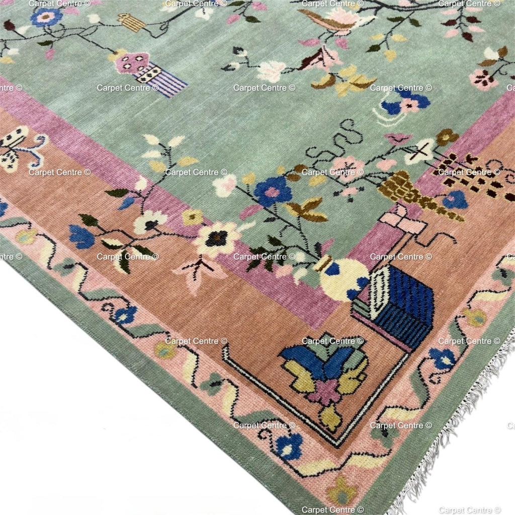 Hand Knotted Oushak Wool Rug, Chinoiserie Floral Oriental Carpet, Pastel Living Room Bedroom