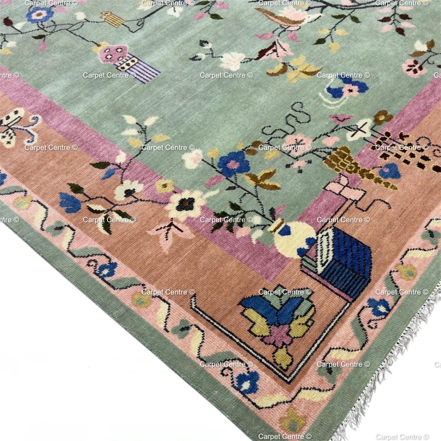 Hand Knotted Oushak Wool Rug, Chinoiserie Floral Oriental Carpet, Pastel Living Room Bedroom