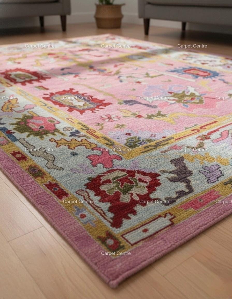 Pink Abstract Oushak Rug | Hand-Knotted Wool, Custom Sizes