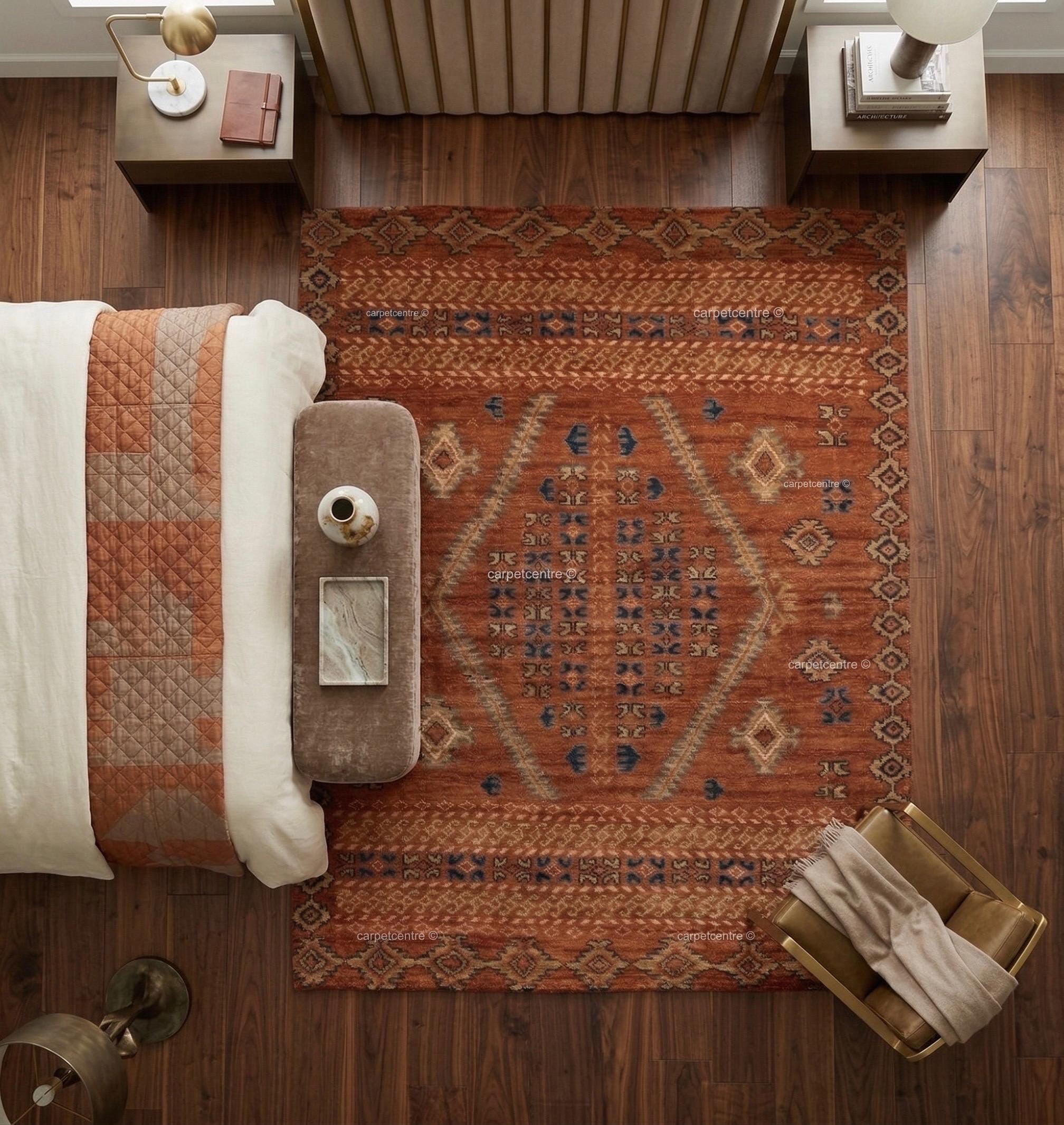Hand-Knotted Wool Oushak Rug: Terracotta, Rust, Blue Geometric Medallion Area Rug
