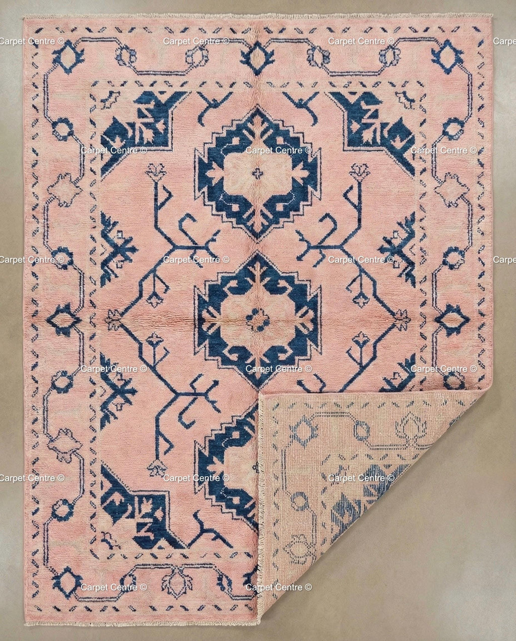 Blush Pink Wool Oushak Rug, Navy Geometric Medallion, Handmade Turkish Knot