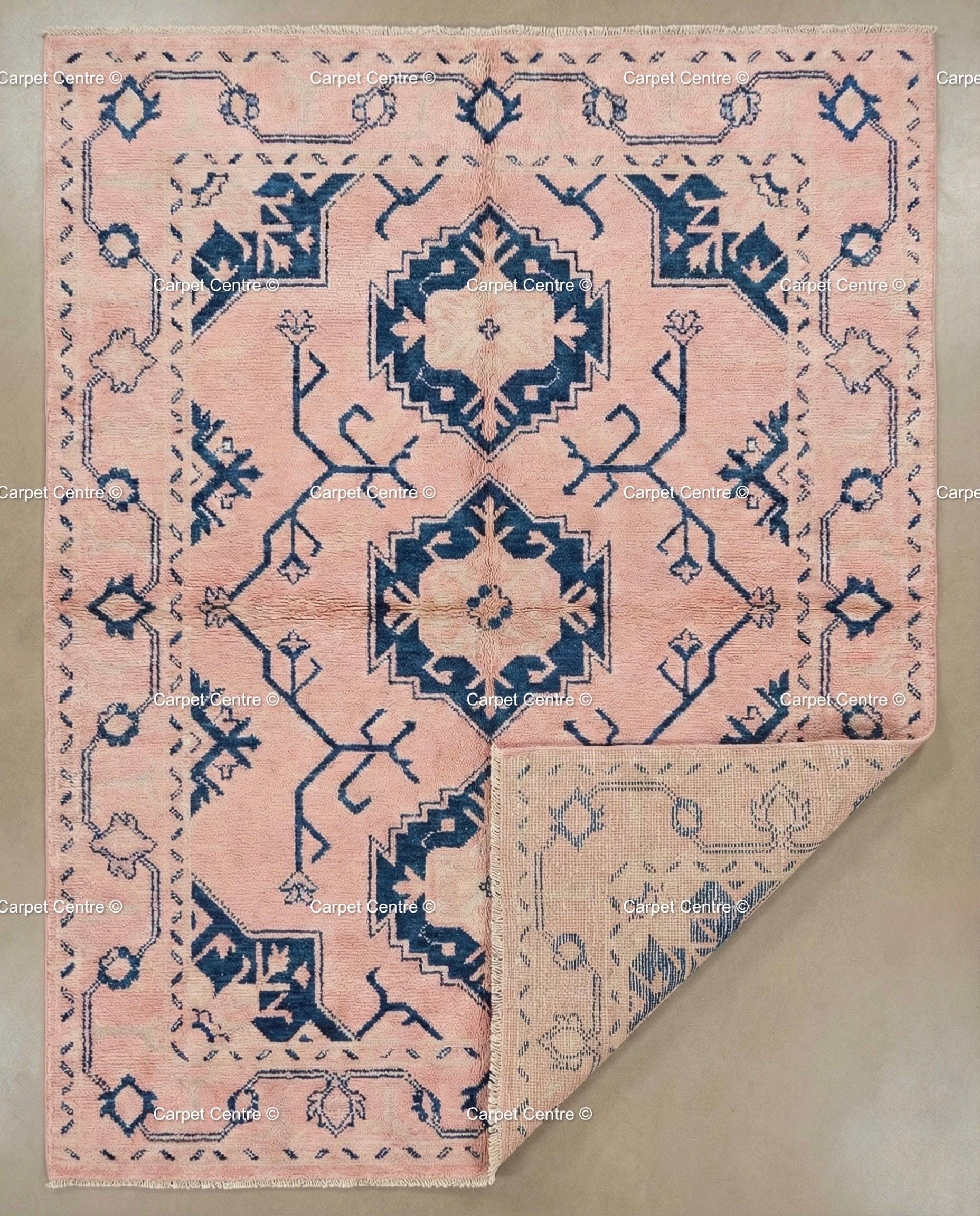 Blush Pink Wool Oushak Rug, Navy Geometric Medallion, Handmade Turkish Knot