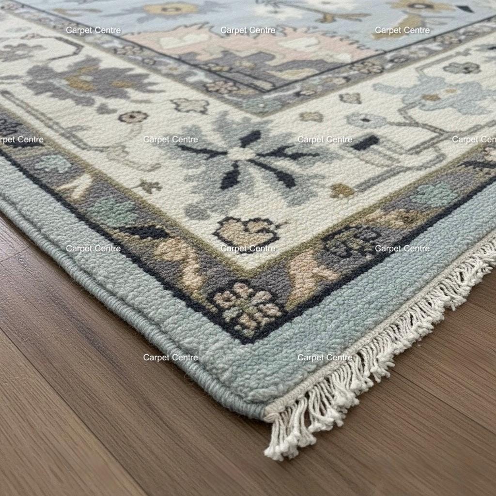 Light Blue Oushak Rug, Hand-Knotted Wool 8x10, Farmhouse Floral