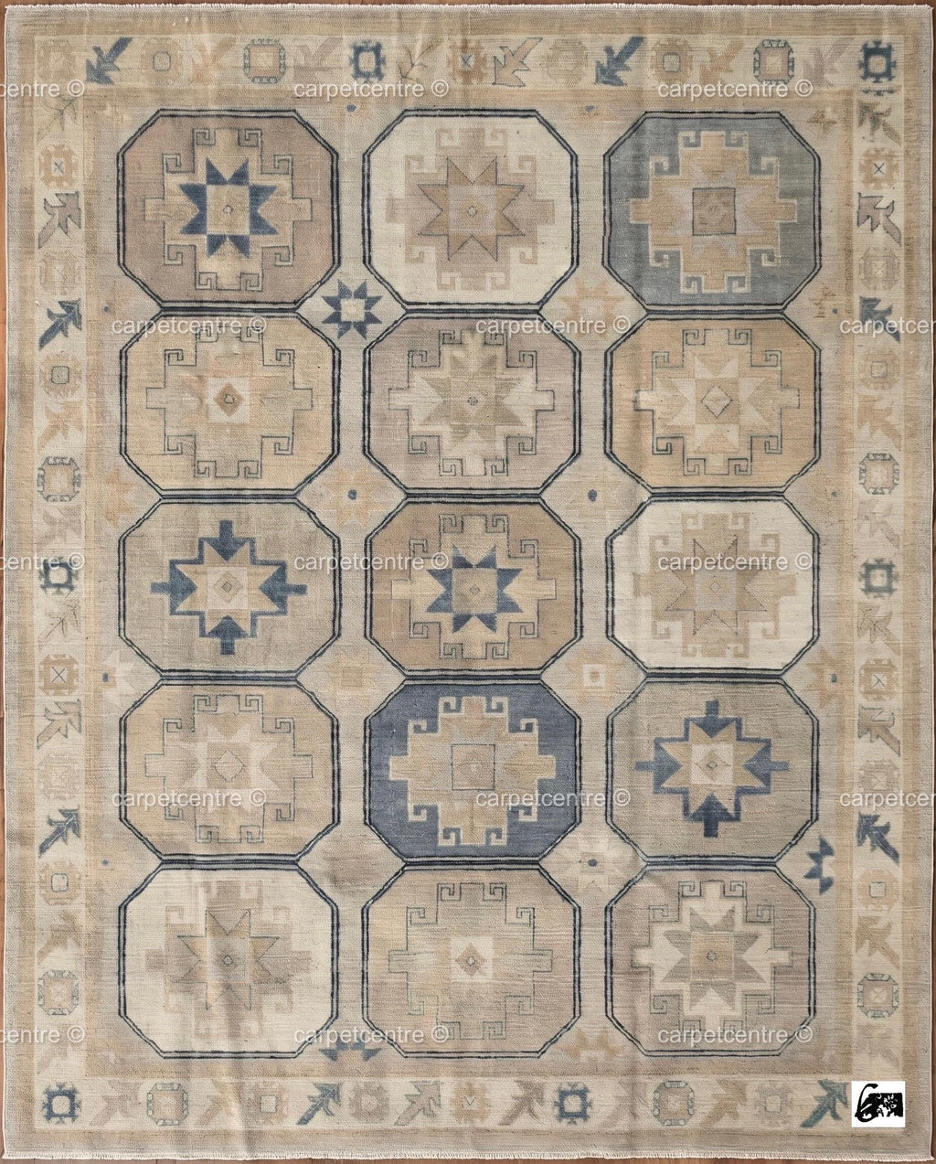 Geometric Oushak Rug | Muted Beige, Tan, Slate Blue Turkish Area Rug | Farmhouse Boho Style
