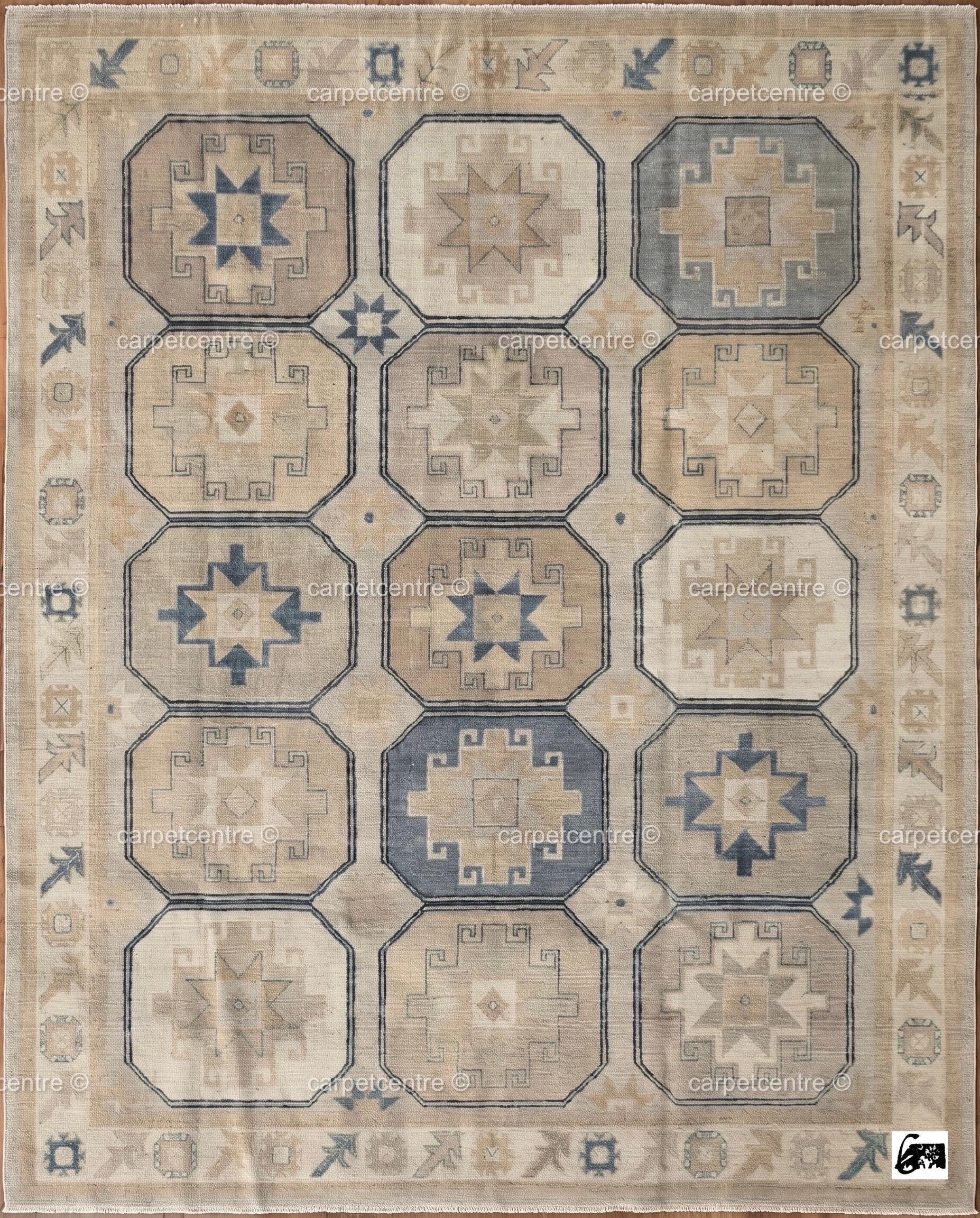 Geometric Oushak Rug | Muted Beige, Tan, Slate Blue Turkish Area Rug | Farmhouse Boho Style
