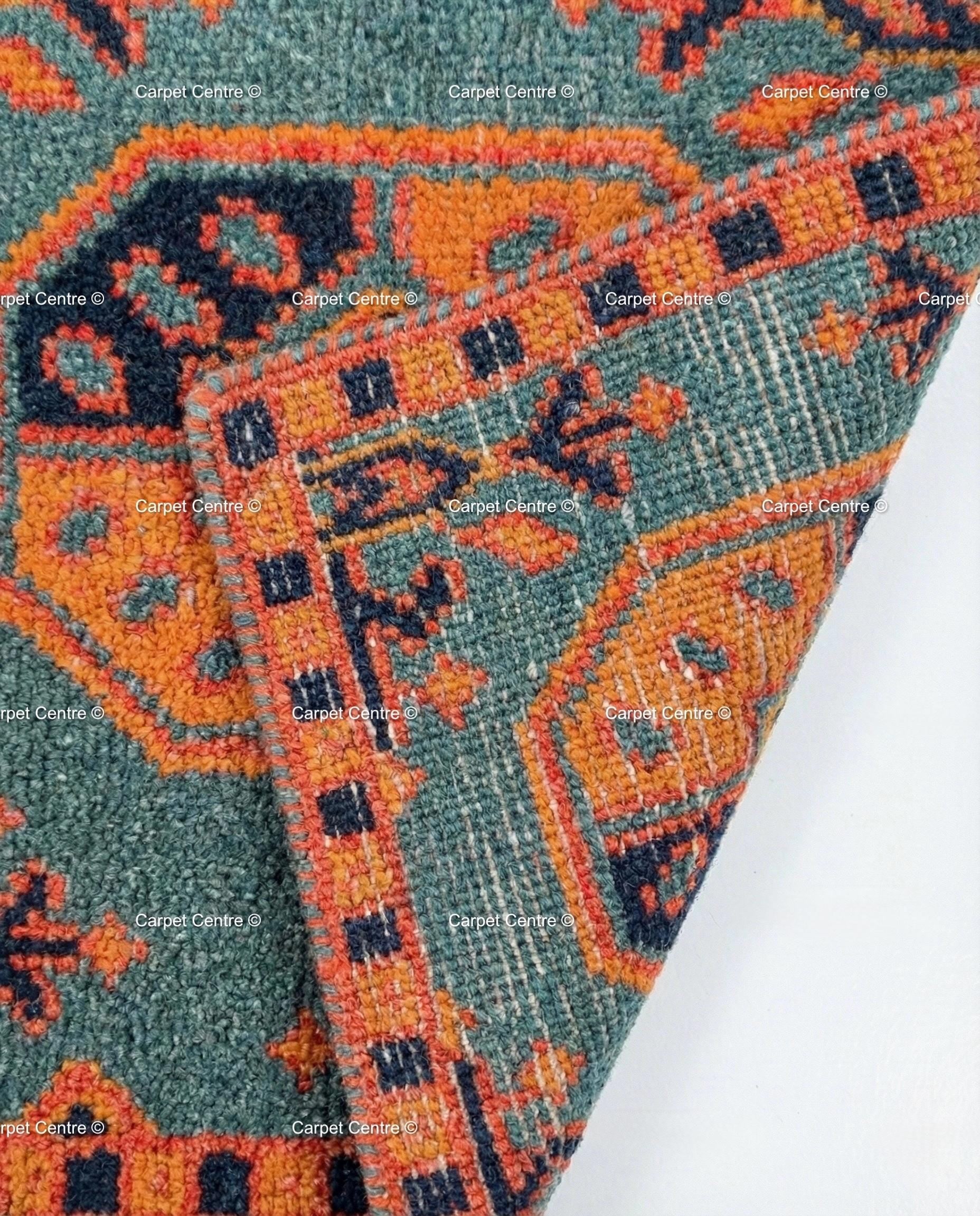 Teal Oushak Wool Runner, Hand Knotted Geometric Hallway Carpet