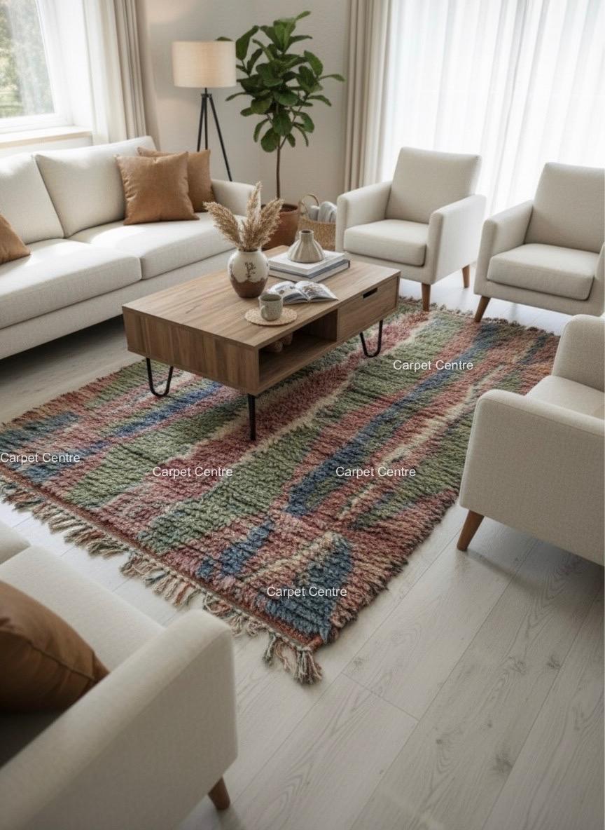 Handmade Moroccan Shag Rug, Dusty Rose, Sage Green, Tulu Style