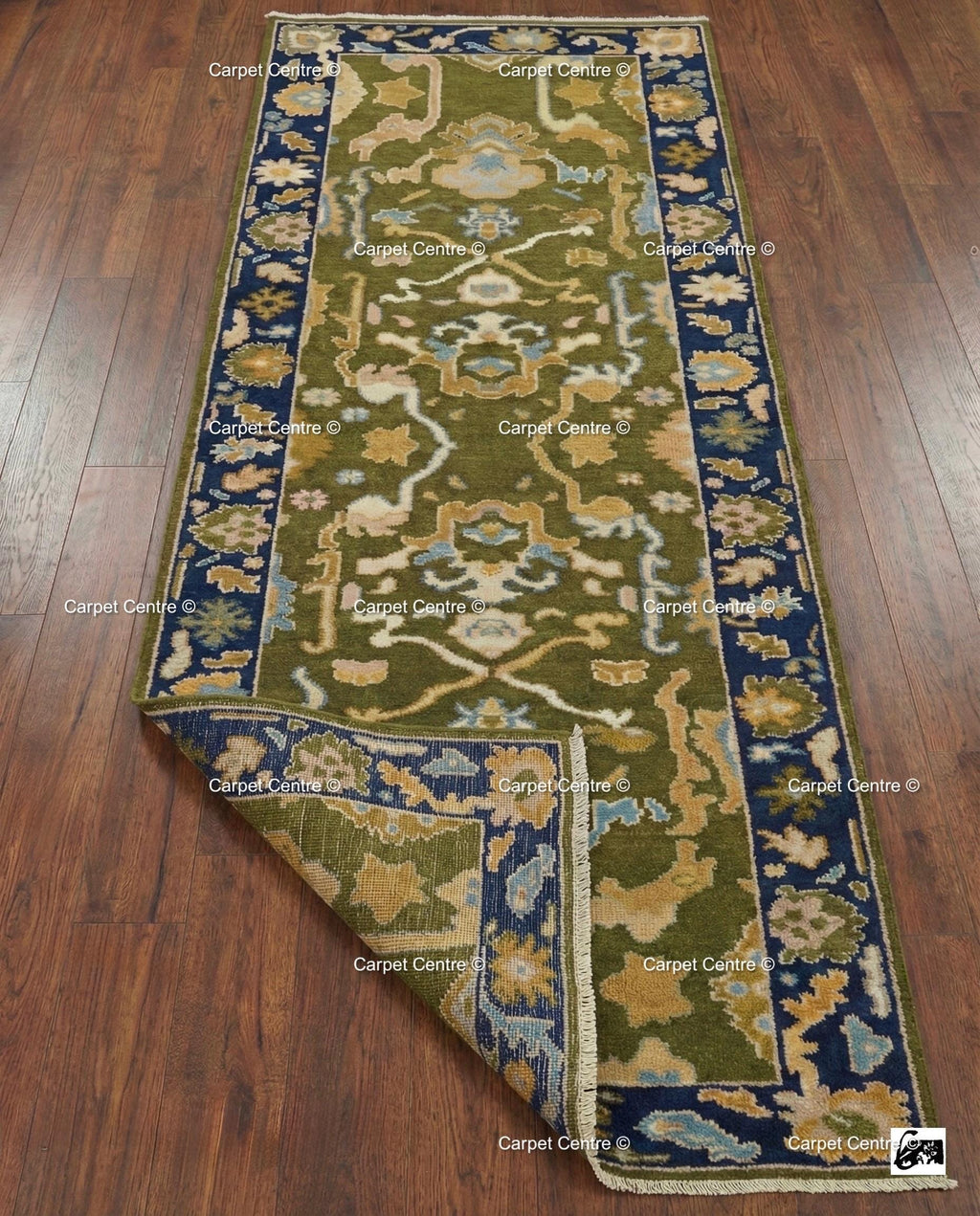 Hand Knotted Oushak Runner, Olive Green, Navy Border, Turkish Wool