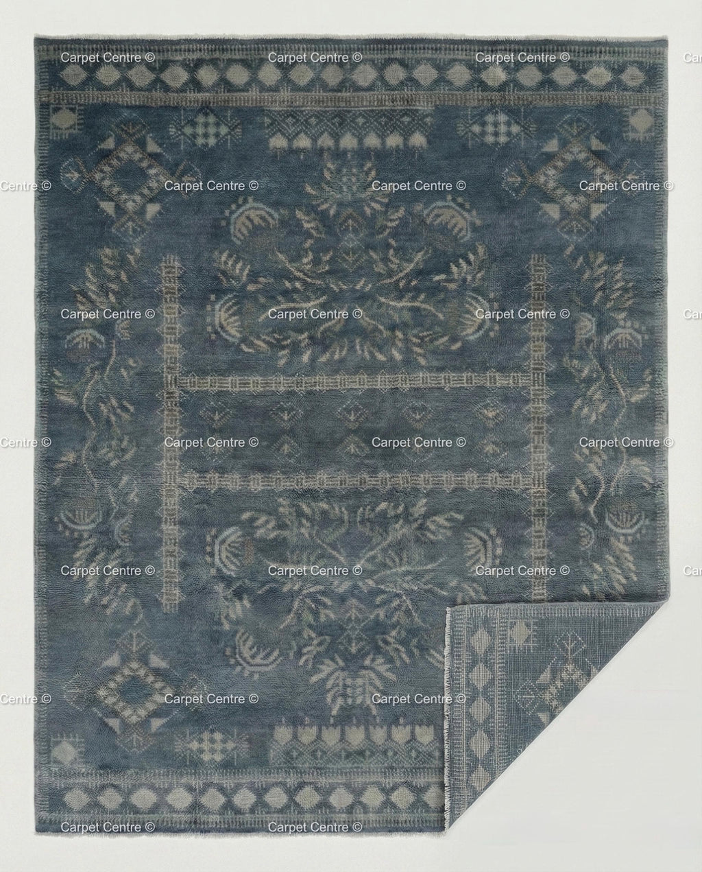 Slate Blue Hand Knotted Oushak Wool Rug, Turkish Vintage Area Carpet