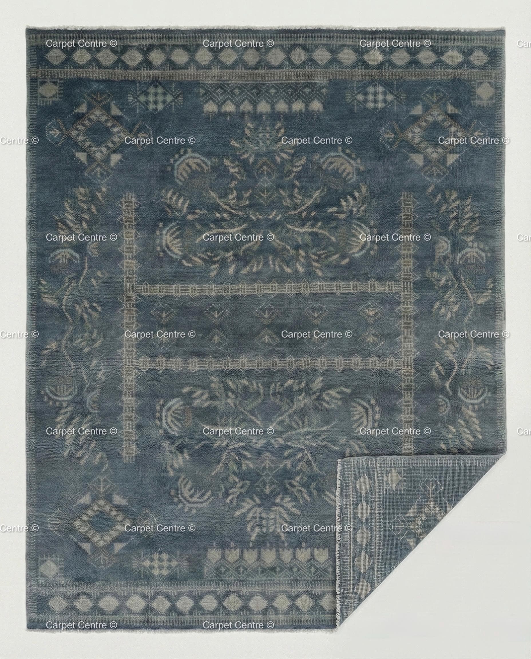 Slate Blue Hand Knotted Oushak Wool Rug, Turkish Vintage Area Carpet
