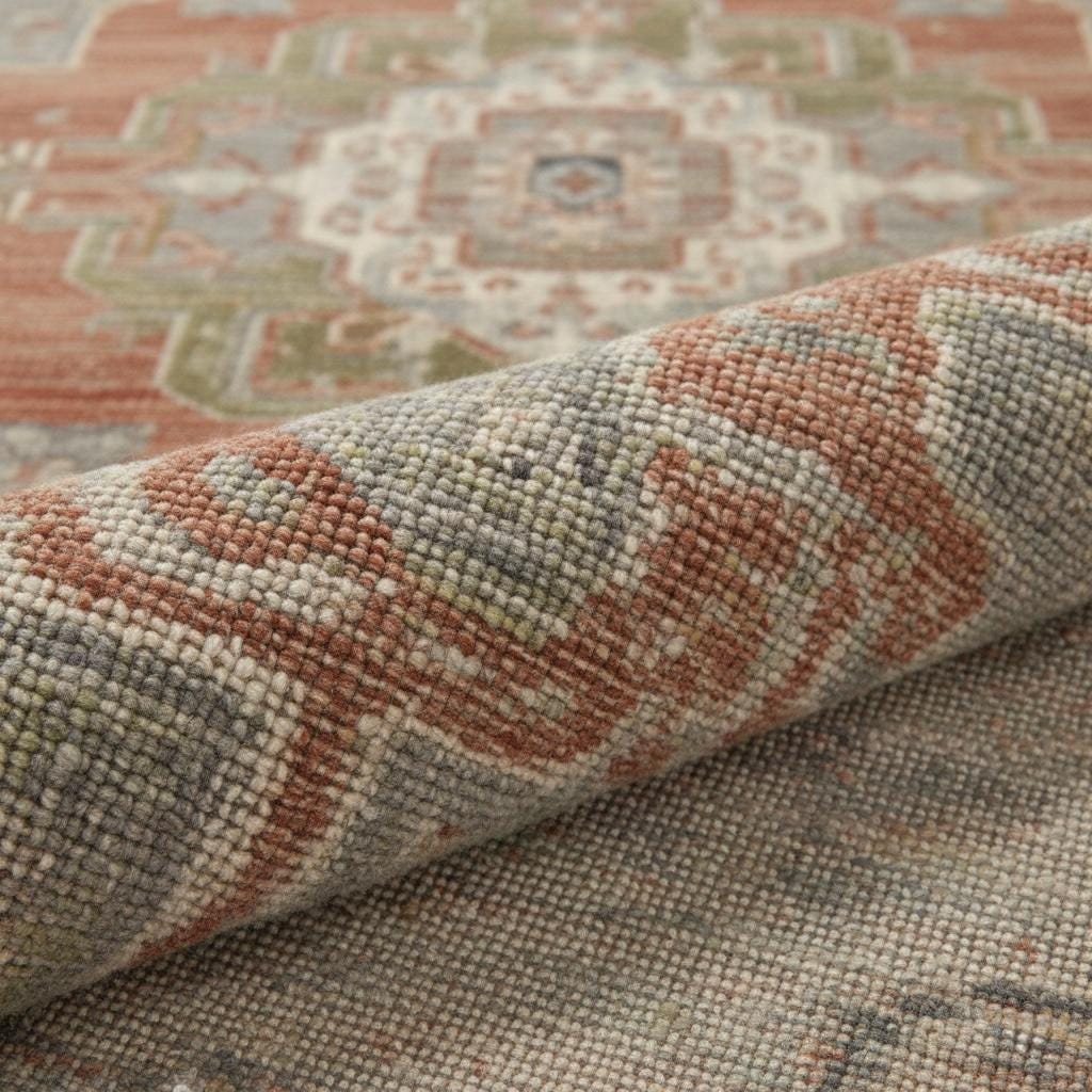 Handwoven Wool Oushak Rug: Gray, Rust Medallion