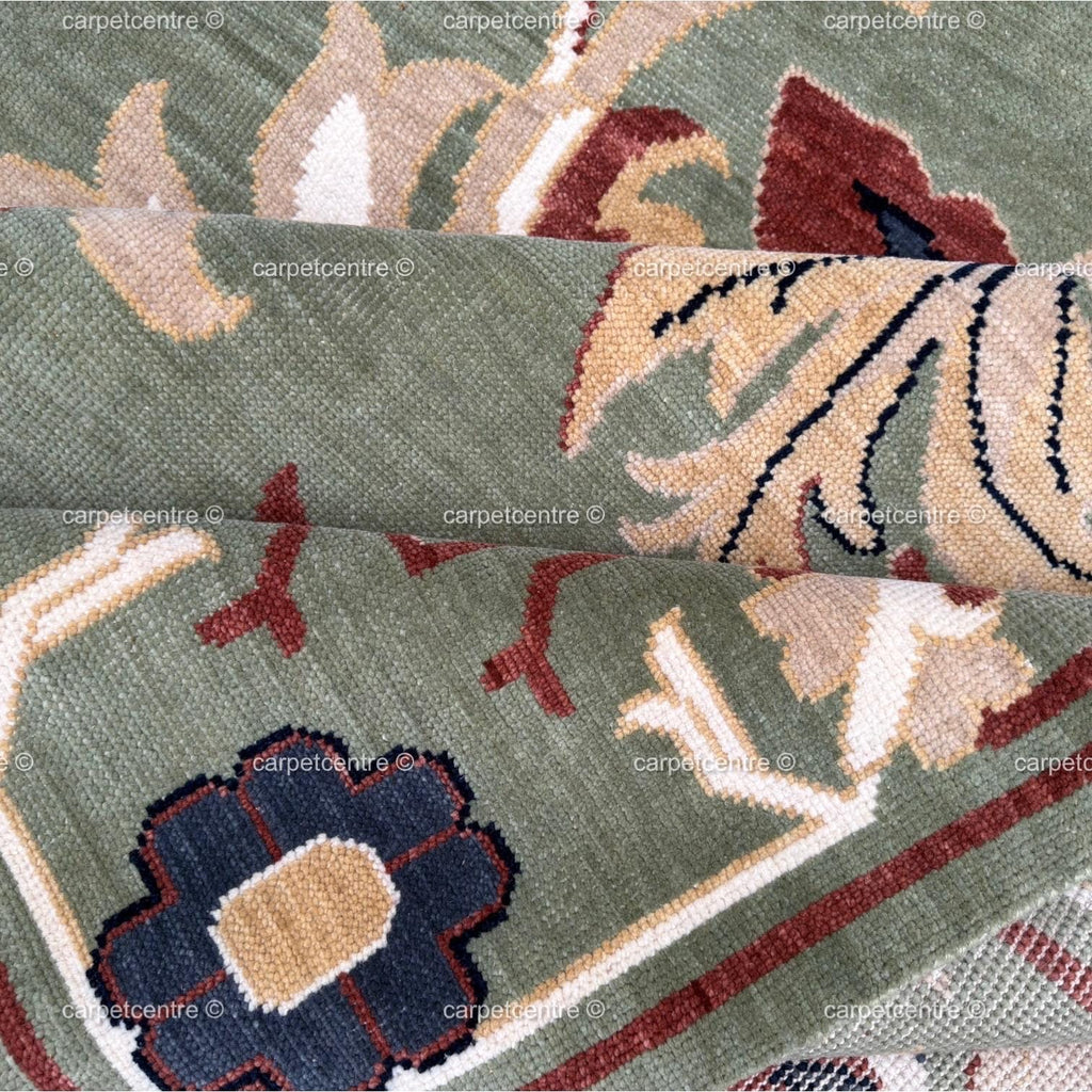 Hand-Knotted Sage Green Oushak Rug | Traditional Turkish Wool Medallion Carpet