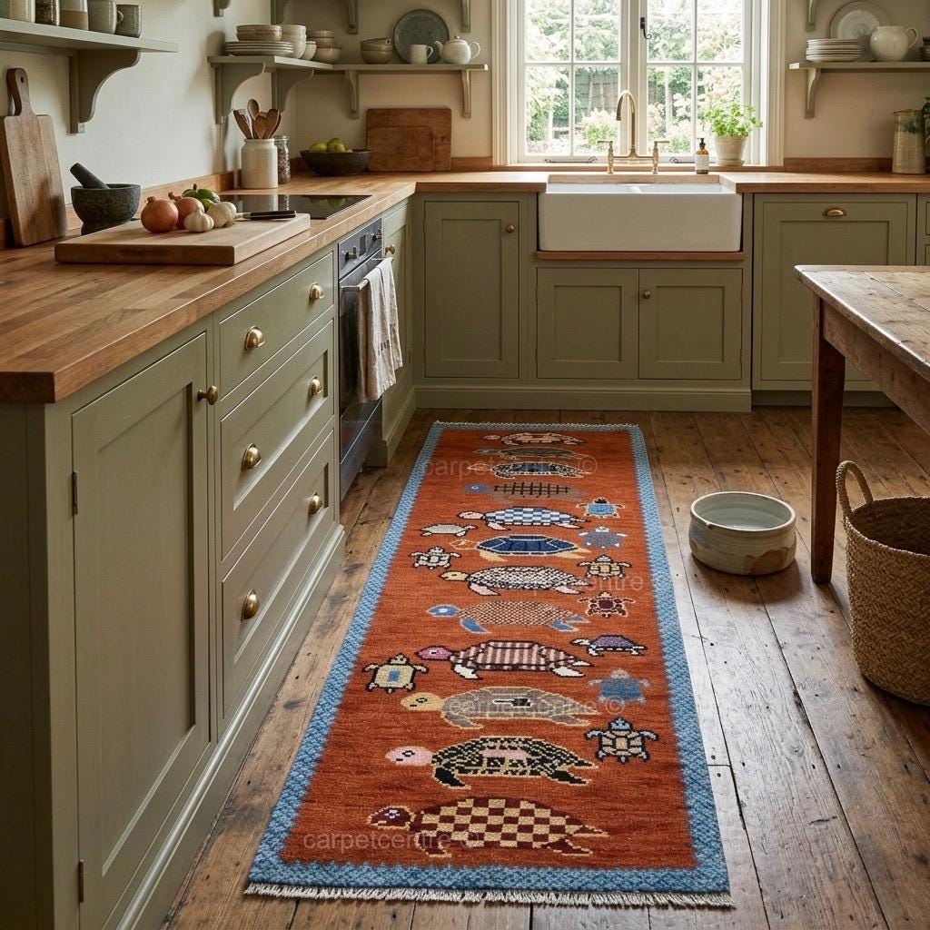 Hand Knotted Turtle Runner Rug, New Zealand Wool Oushak Style Carpet