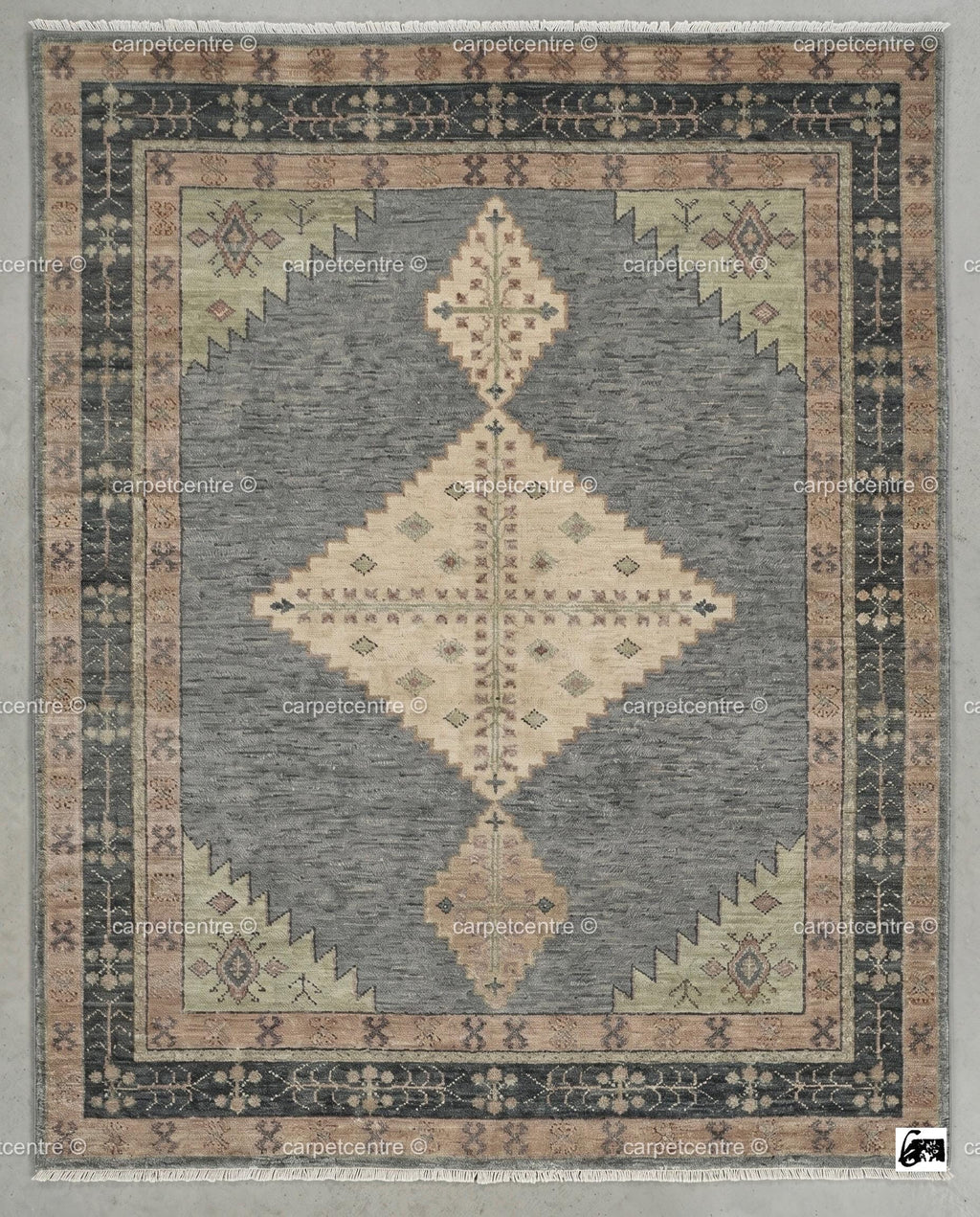 Hand Knotted Oushak Rug: Slate Blue Geometric Wool Area Rug (8x10, 9x12)
