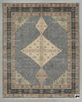 Hand Knotted Oushak Rug: Slate Blue Geometric Wool Area Rug (8x10, 9x12)