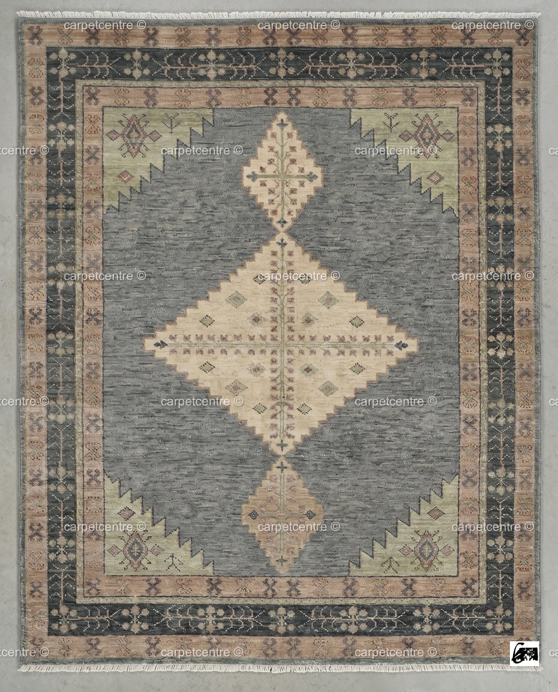 Hand Knotted Oushak Rug: Slate Blue Geometric Wool Area Rug (8x10, 9x12)