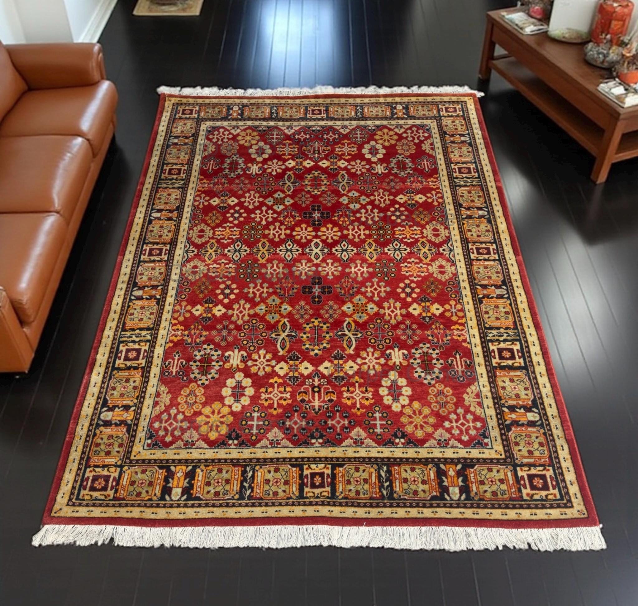 Red New Zealand Wool Rug: Hand-Knotted Geometric 5'7" x 7'10"