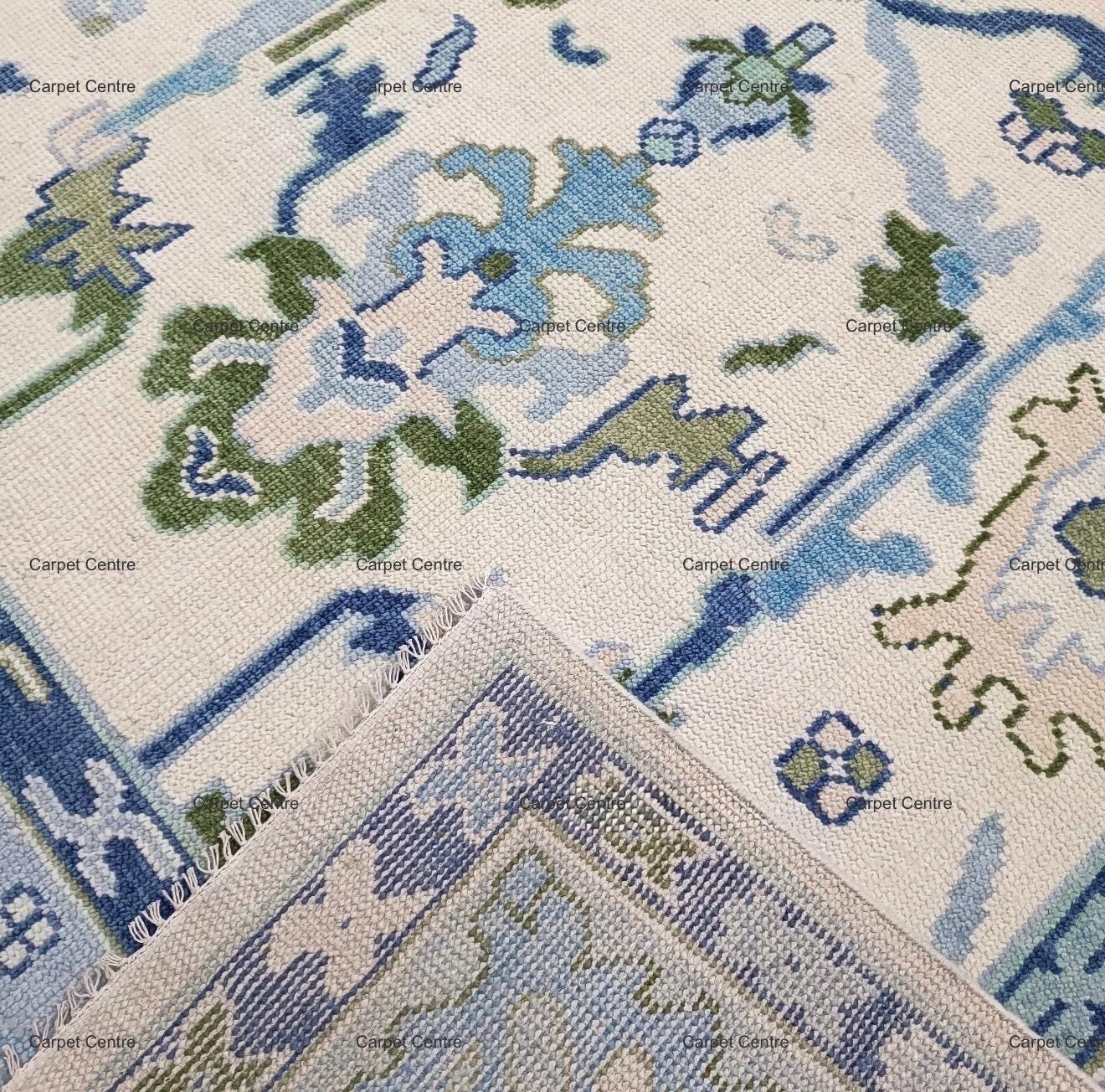 Hand-Knotted Wool Area Rug: Ivory & Blue Oushak Medallion Design
