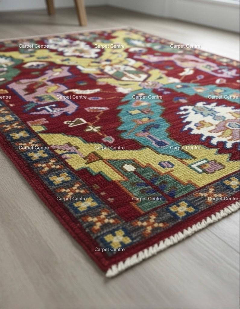 Red Oushak Rug, Hand-Knotted Wool, Geometric Kilim Design