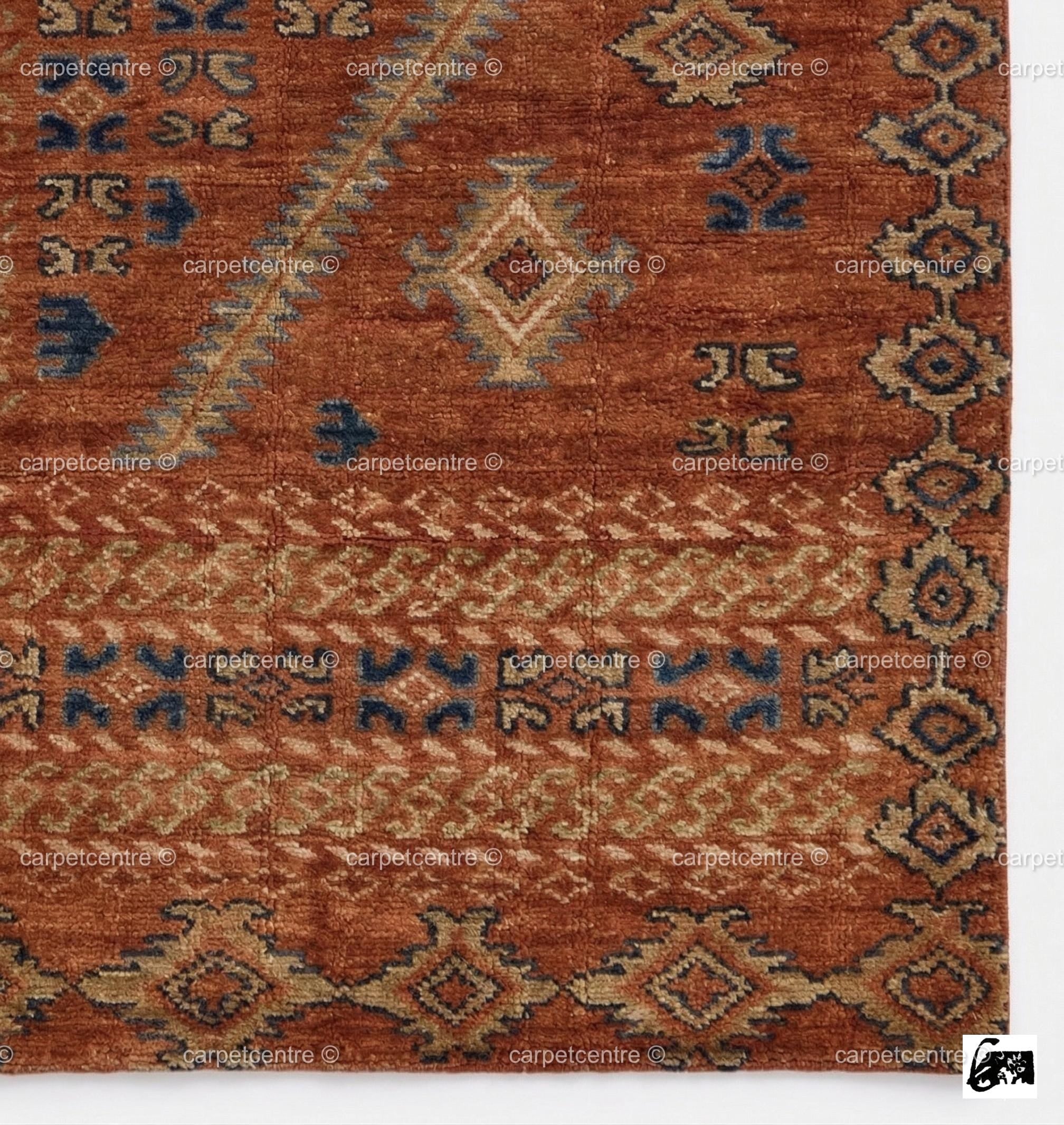 Hand-Knotted Wool Oushak Rug: Terracotta, Rust, Blue Geometric Medallion Area Rug
