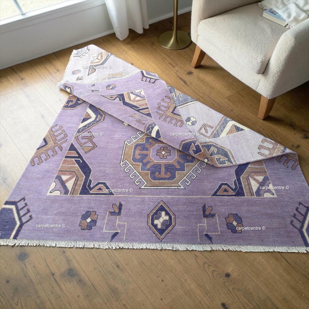 Hand Knotted Wool Oushak Rug, Lavender Lilac Geometric Turkish Carpet, Pastel Boho Nursery Decor