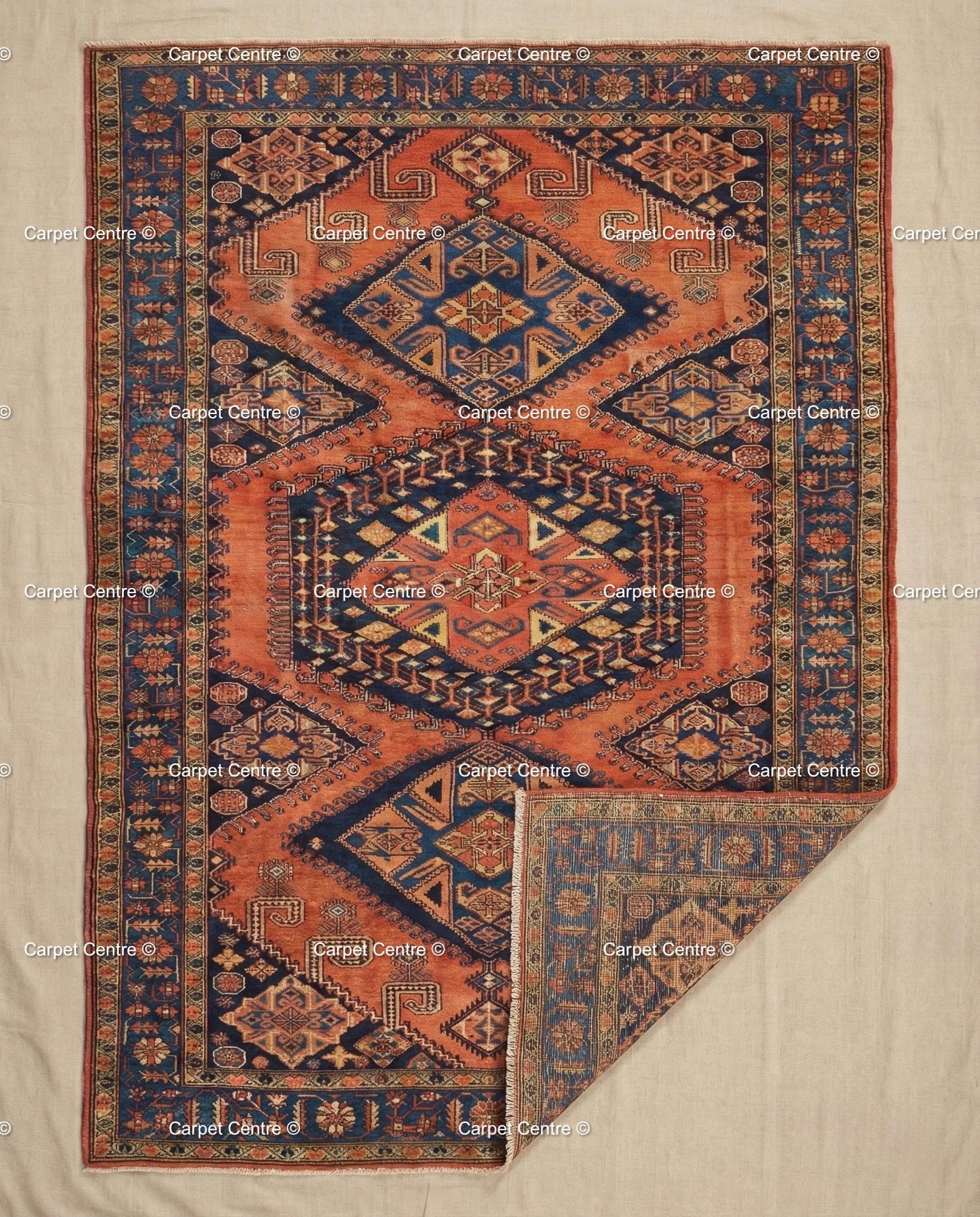 Terracotta Oushak Wool Rug, Rust Orange & Navy Blue, Hand Knotted
