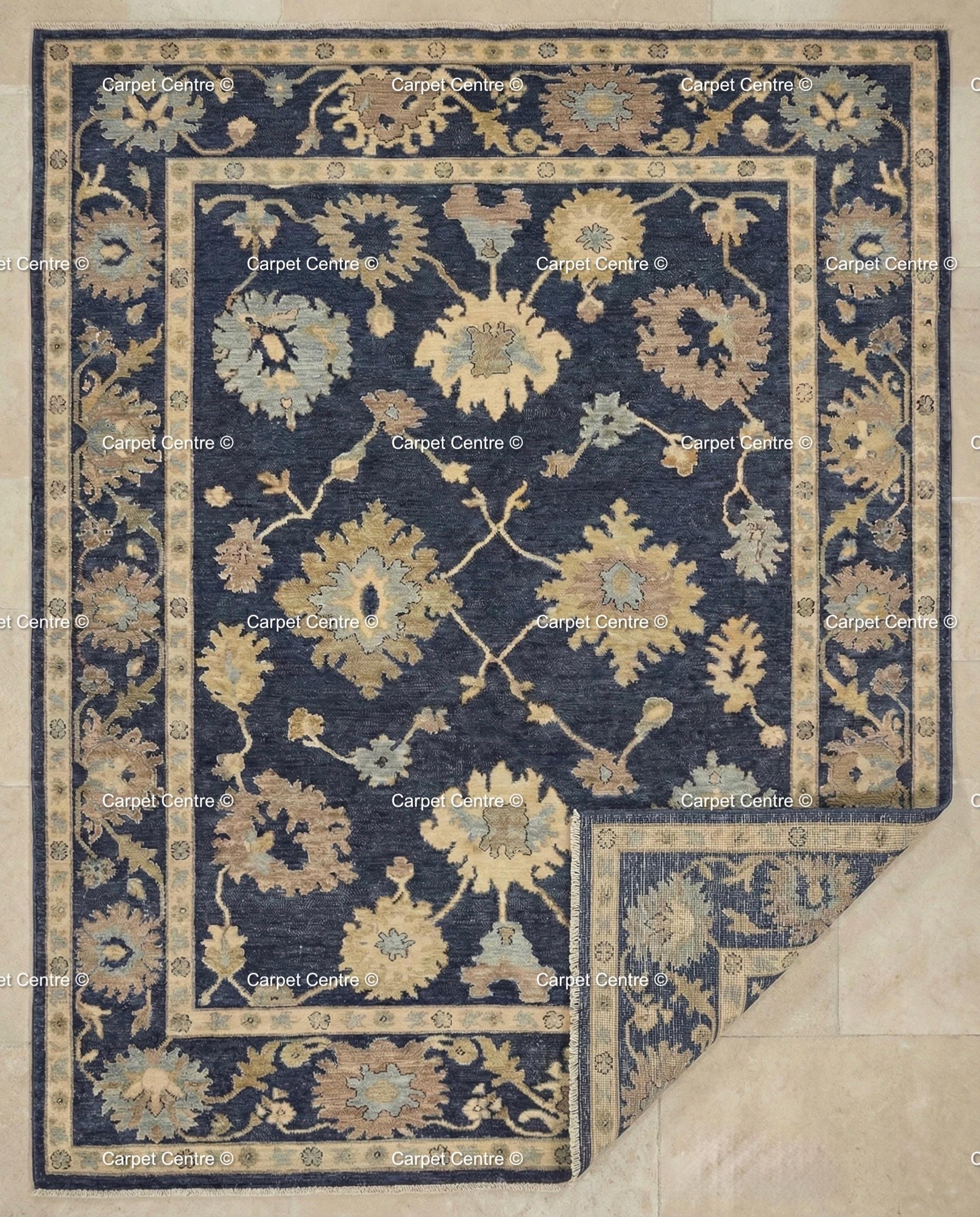 Hand-Knotted Navy Oushak Rug, Wool Floral Turkish Carpet, Traditional Living Room Decor