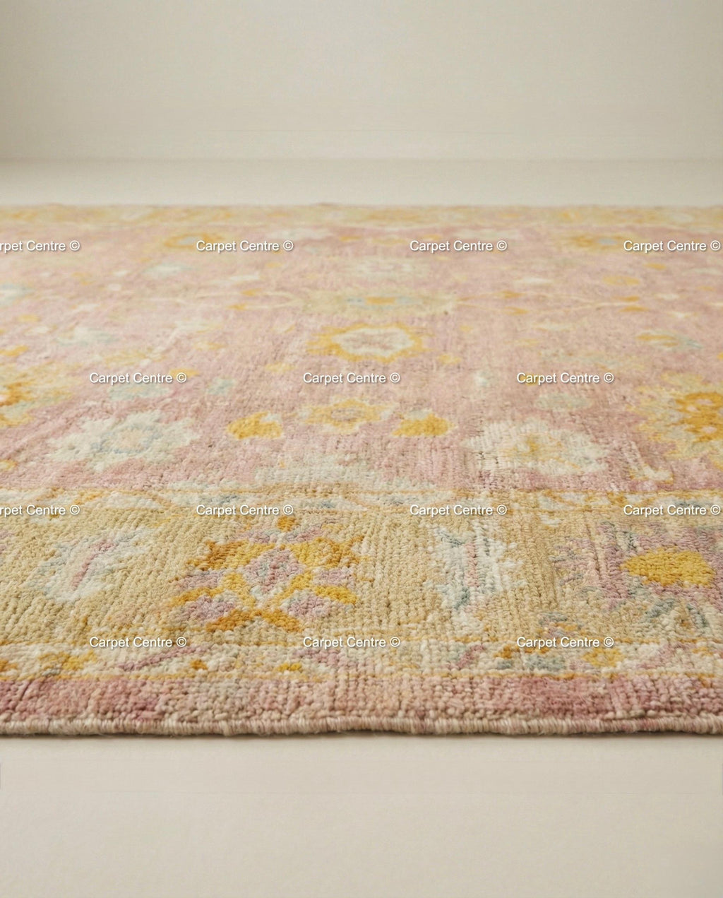 Hand Knotted Wool Oushak Rug, Pink Floral, Vintage Turkish Style