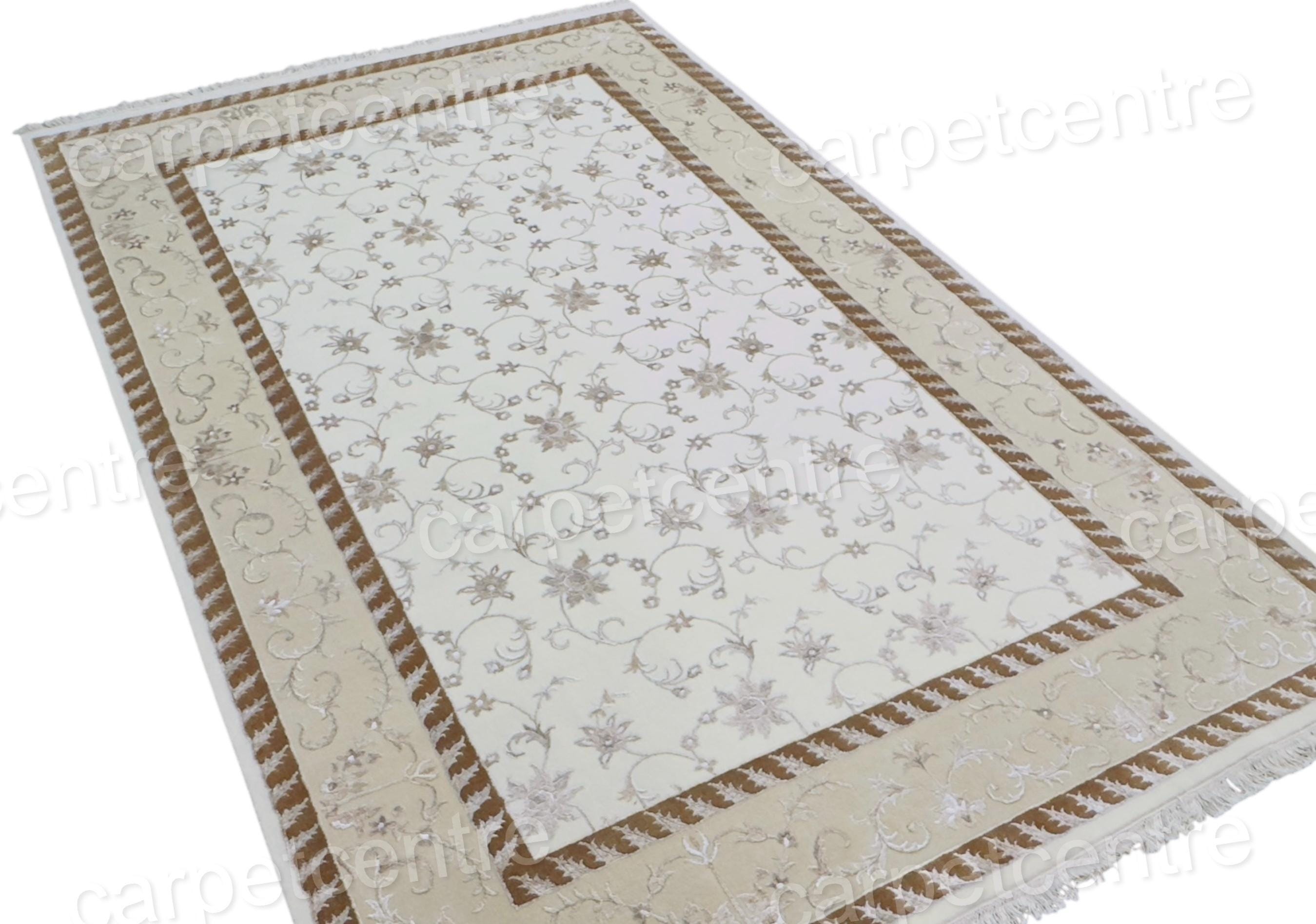 Vintage Beige Floral Wool Rug: Handwoven Indian Art Silk Carpet