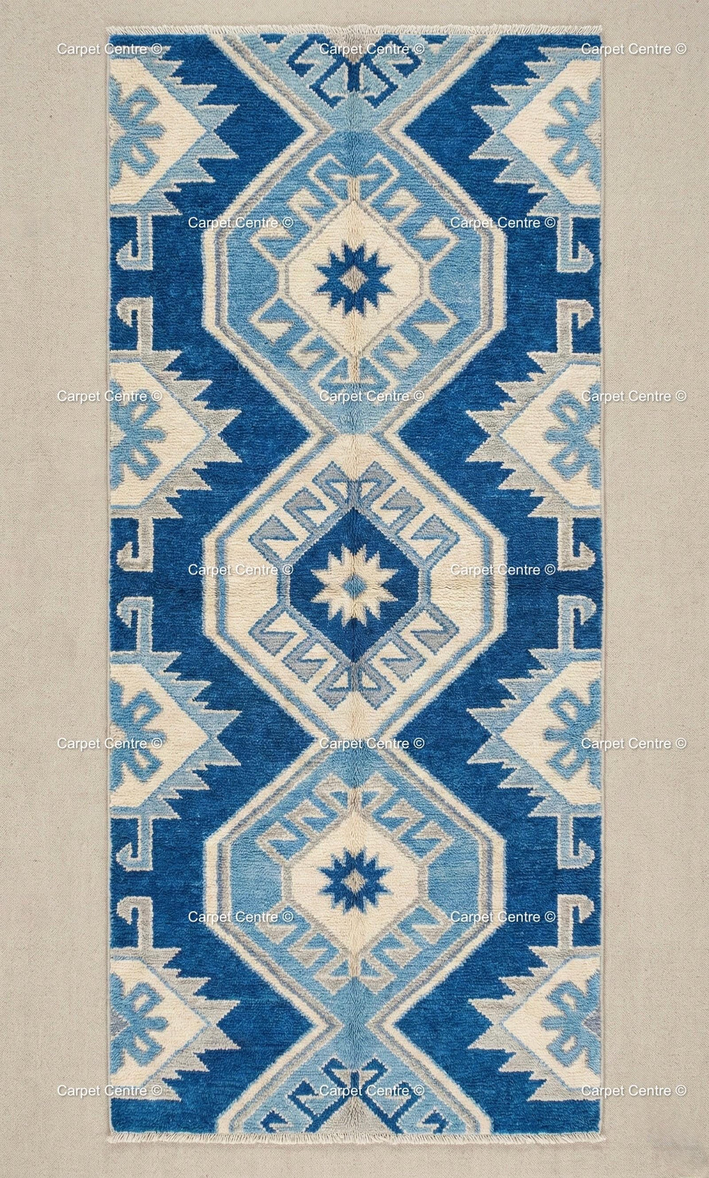 Royal Blue Wool Runner Rug, Hand-Knotted Oushak, Coastal Greek Star