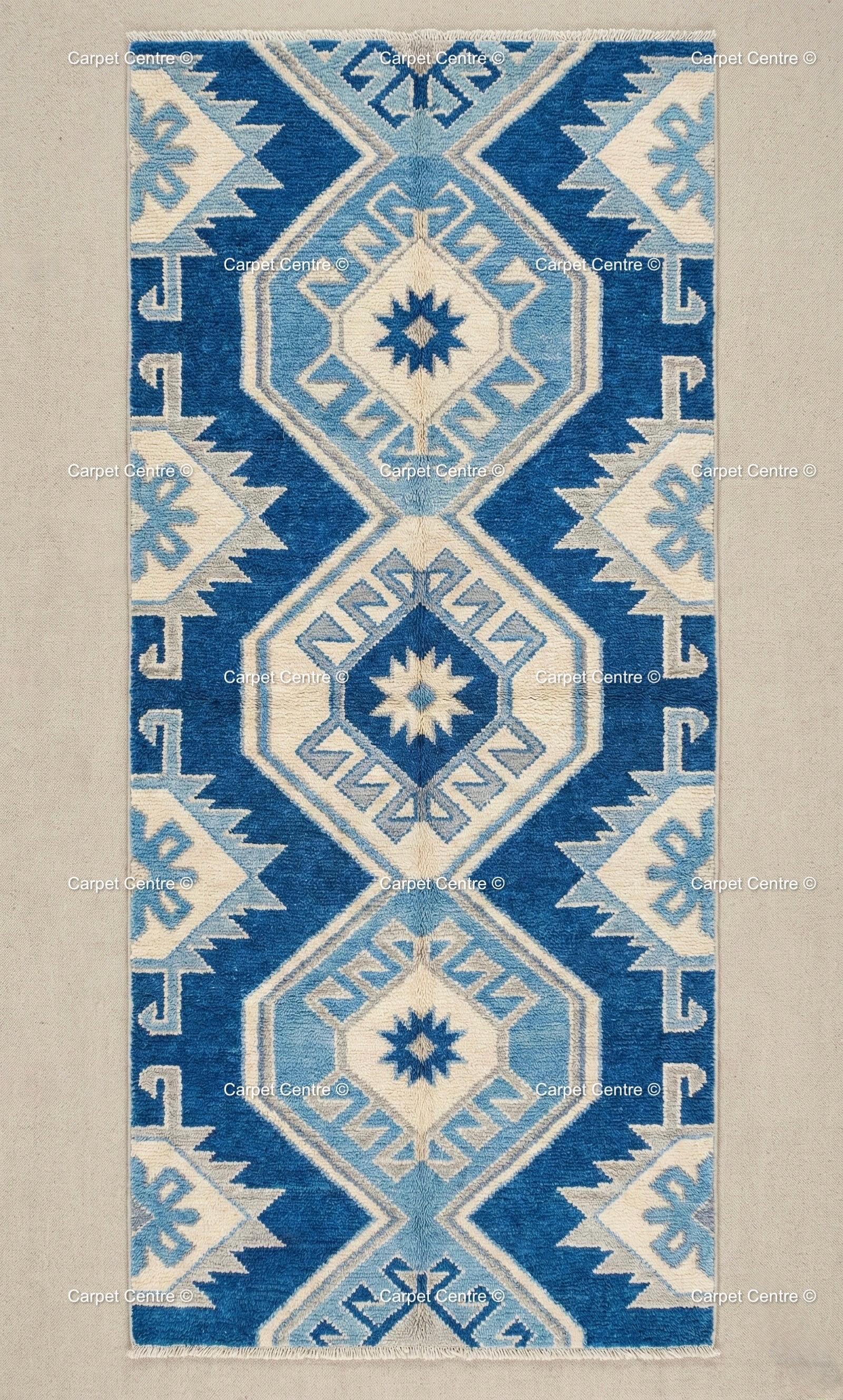 Royal Blue Wool Runner Rug, Hand-Knotted Oushak, Coastal Greek Star