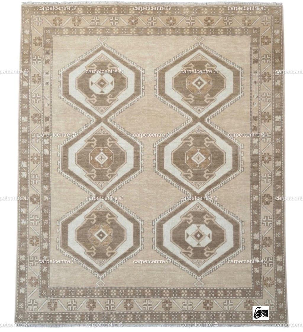 Handknotted Oushak Rug | Neutral Beige Wool Turkish Tribal Carpet