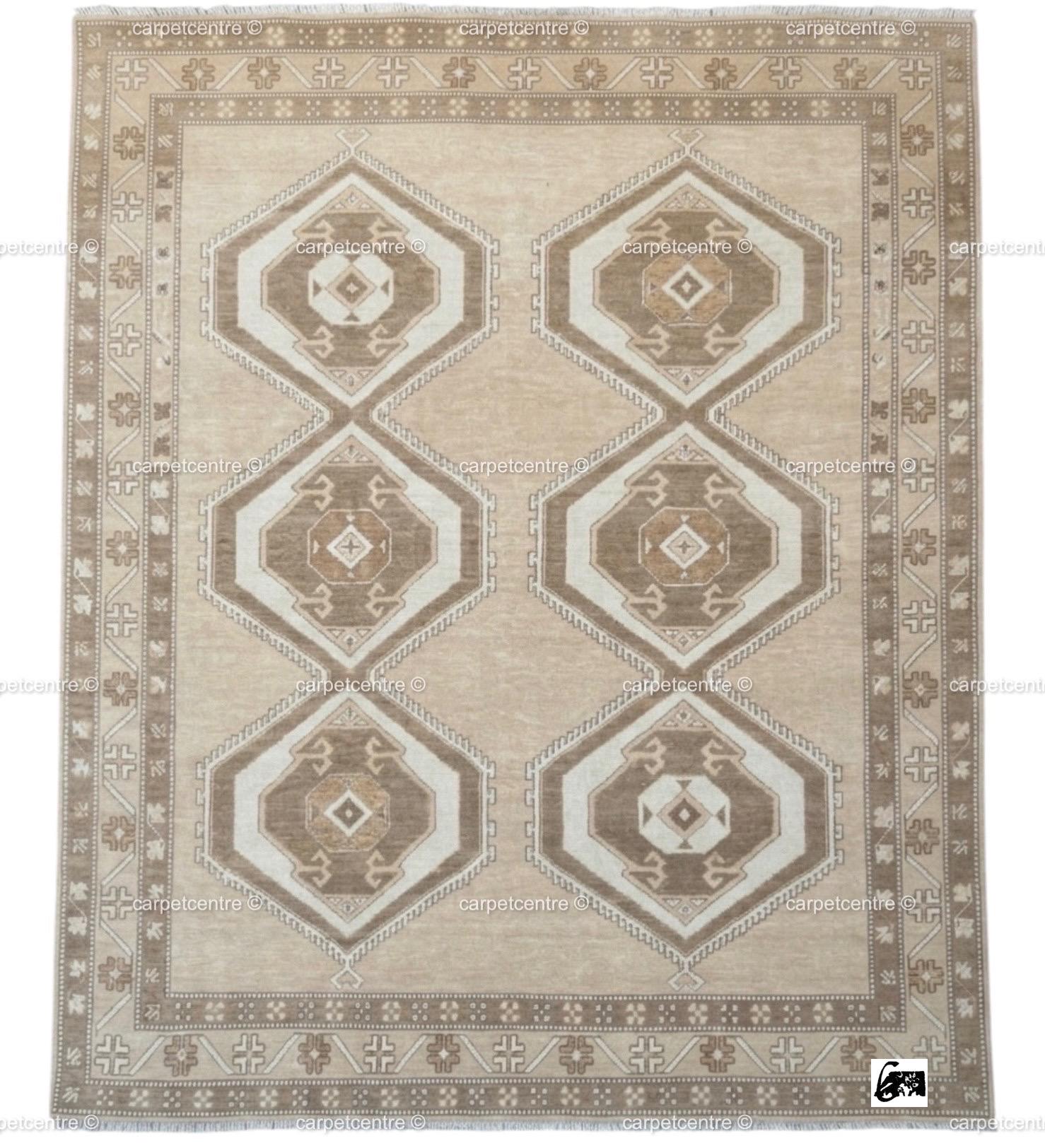 Handknotted Oushak Rug | Neutral Beige Wool Turkish Tribal Carpet