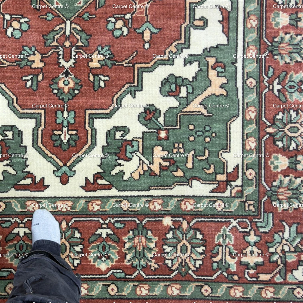 Hand Knotted Kazak Wool Area Oriental Geometric Green and Rust Carpet