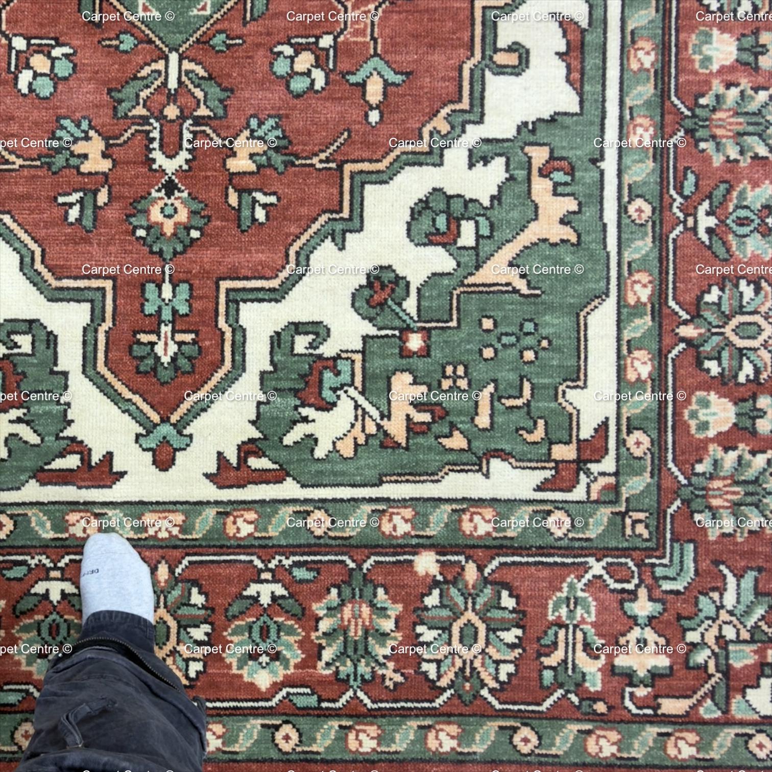Hand Knotted Kazak Wool Area Oriental Geometric Green and Rust Carpet