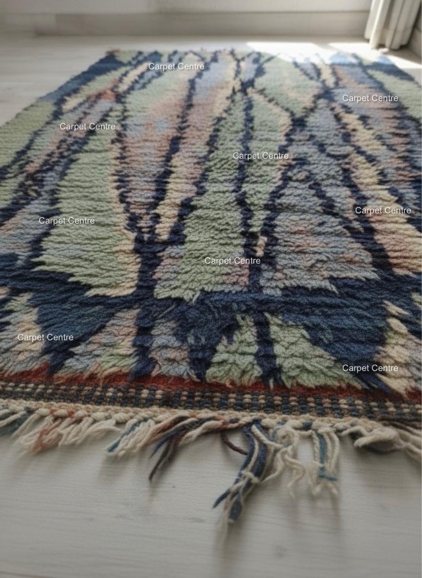 Handmade Moroccan Shag Rug, Navy Blue, Sage Green, Wool Tulu Rug