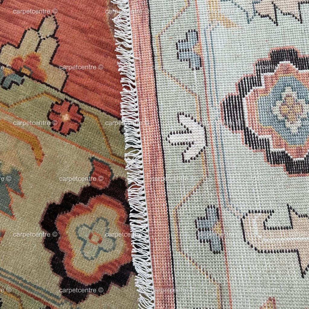 Hand-Knotted Wool Oushak Rug, Terracotta Floral, Sage Green Border, Farmhouse Style