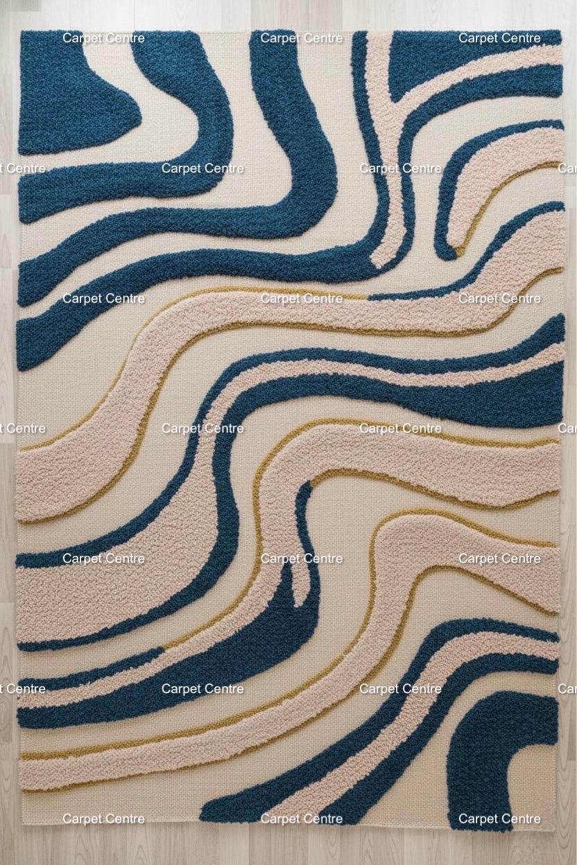 Handmade Teal Wave Wool Rug: Abstract Sculpted Texture