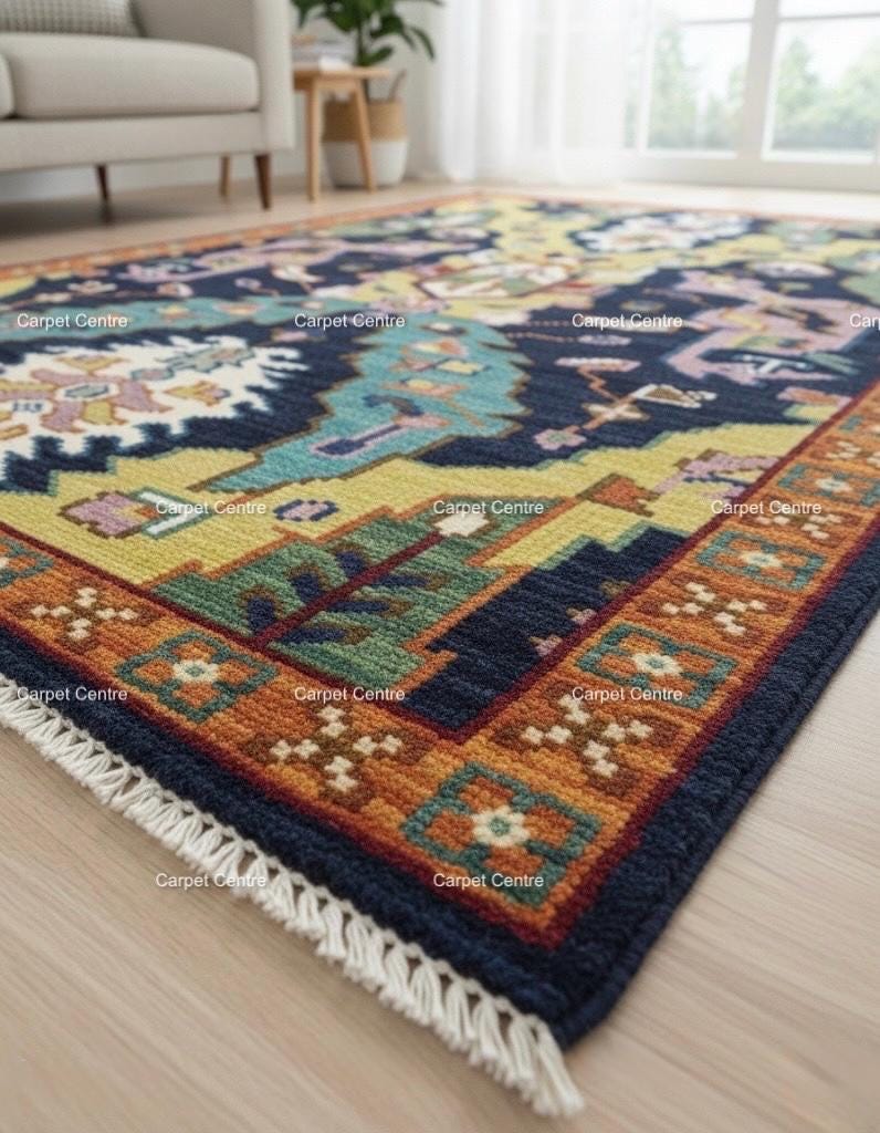 Navy Blue Oushak Rug, Hand-Knotted Wool, Geometric Boho Rug