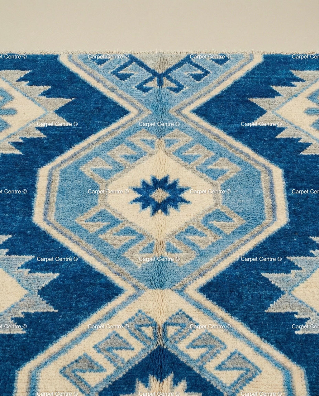 Royal Blue Wool Runner Rug, Hand-Knotted Oushak, Coastal Greek Star
