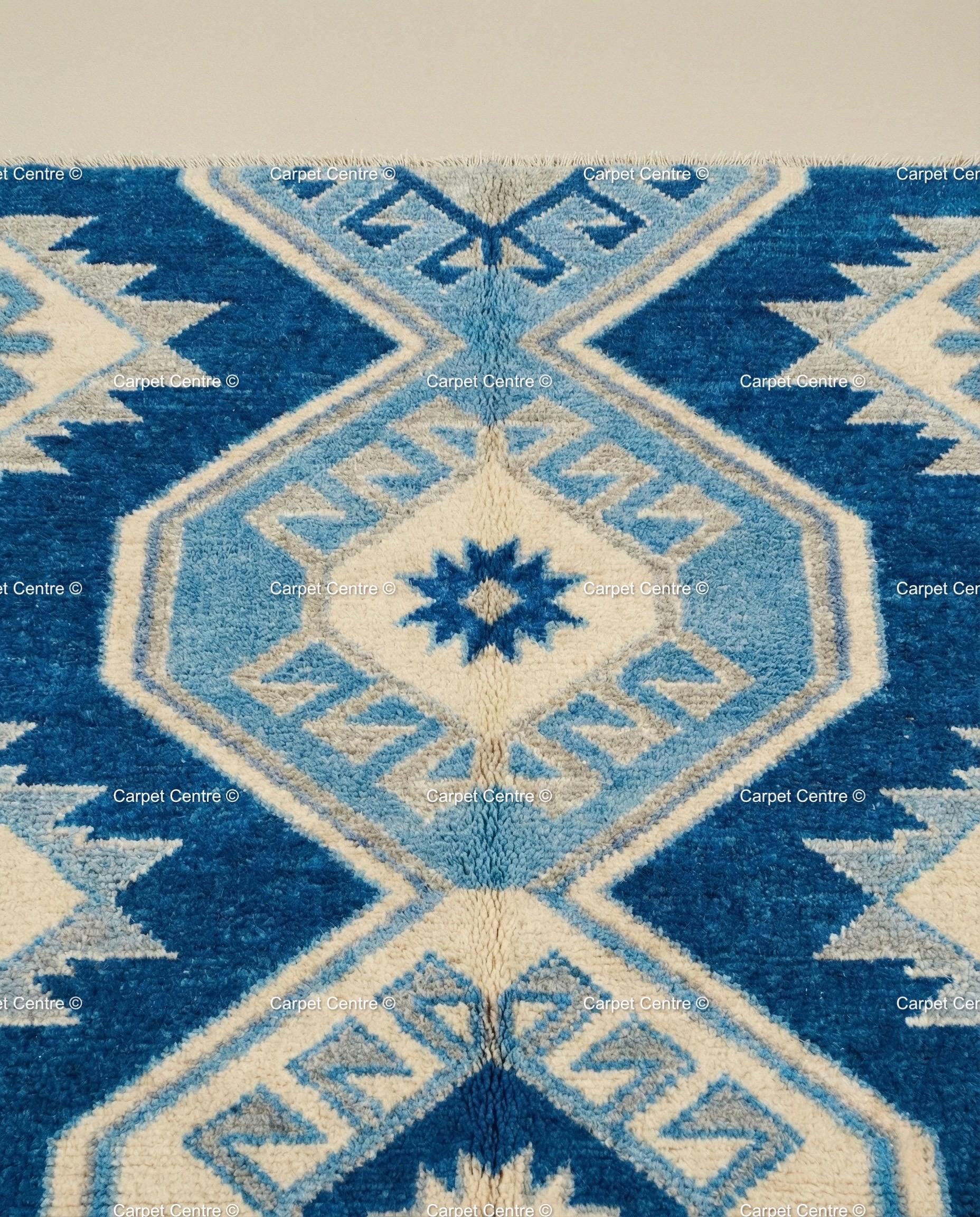 Royal Blue Wool Runner Rug, Hand-Knotted Oushak, Coastal Greek Star