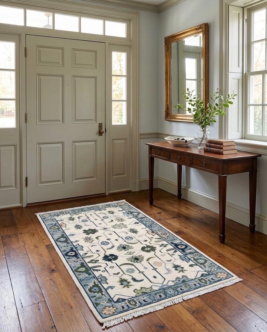 Hand Knotted Oushak Runner, Ivory Blue Wool Hallway Rug, Modern Farmhouse Style