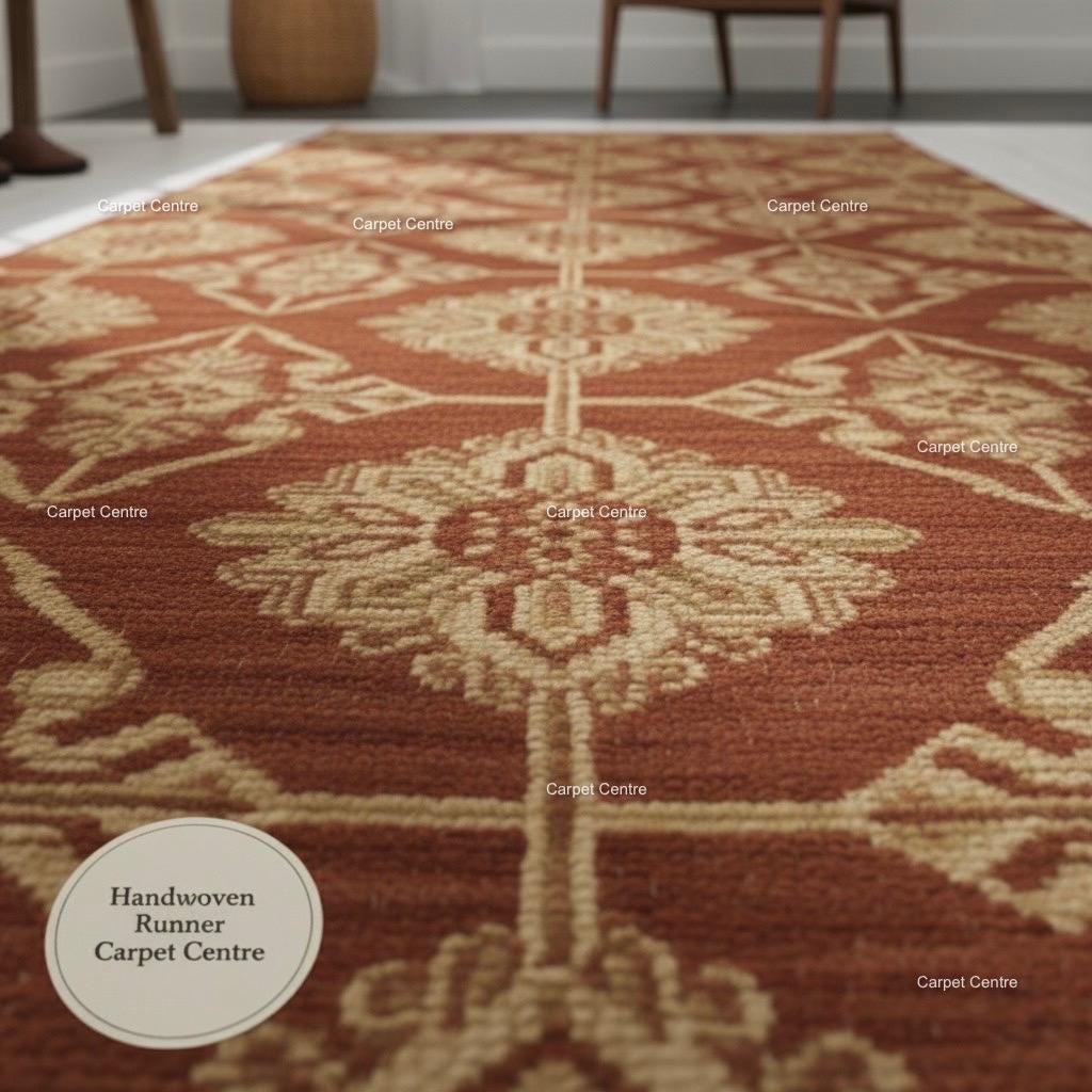 Hand-Knotted Terracotta Wool Runner Rug, Oushak Geometric Hallway Rug