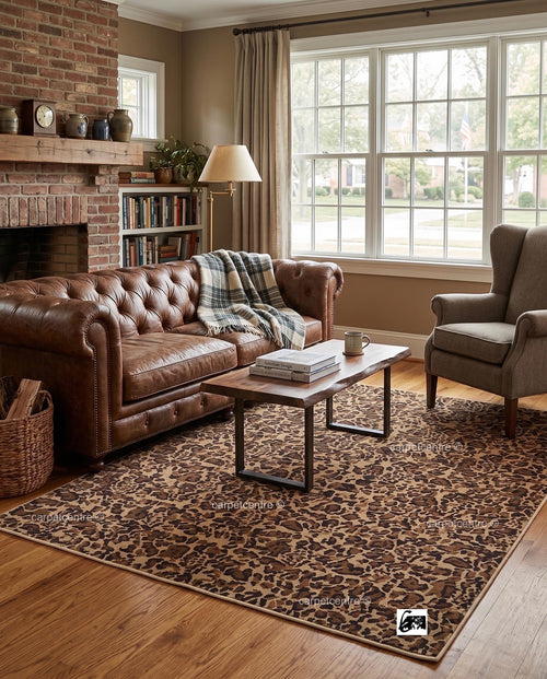 Hand Knotted Leopard Print Oushak Rug | Wool Turkish Area Carpet, Earth Tone Safari Decor